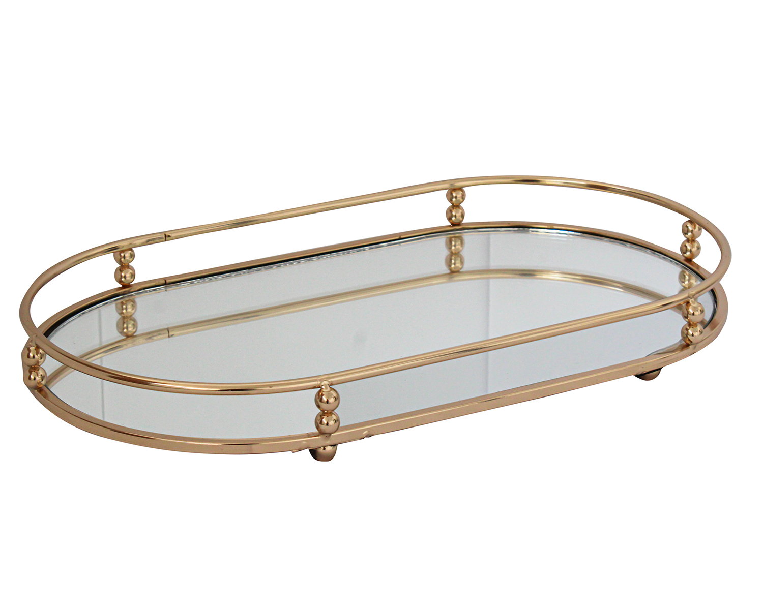 Bandeja oval metálica dourada com base espelhada