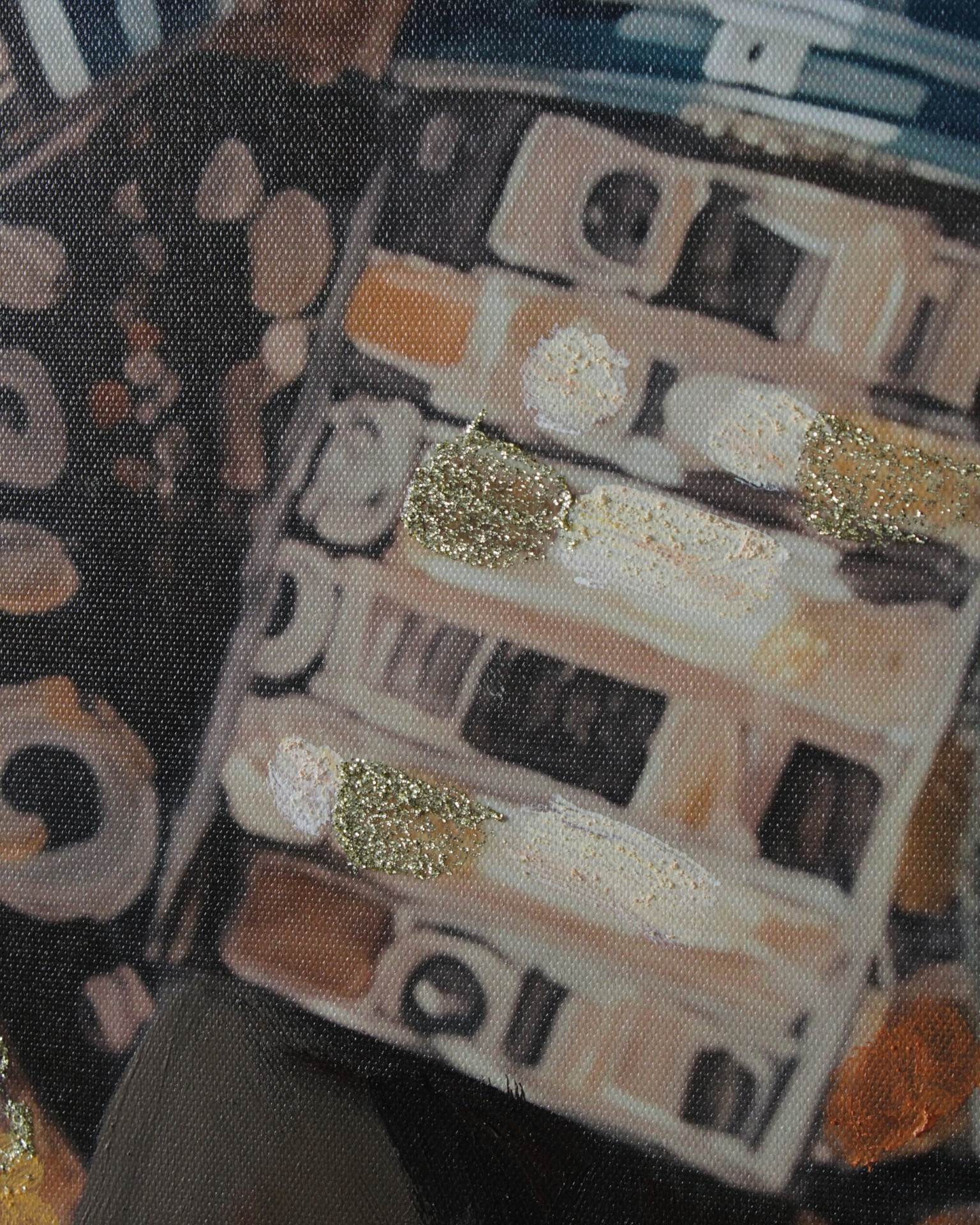 Pintura abstrata com texturas e brilho dourado