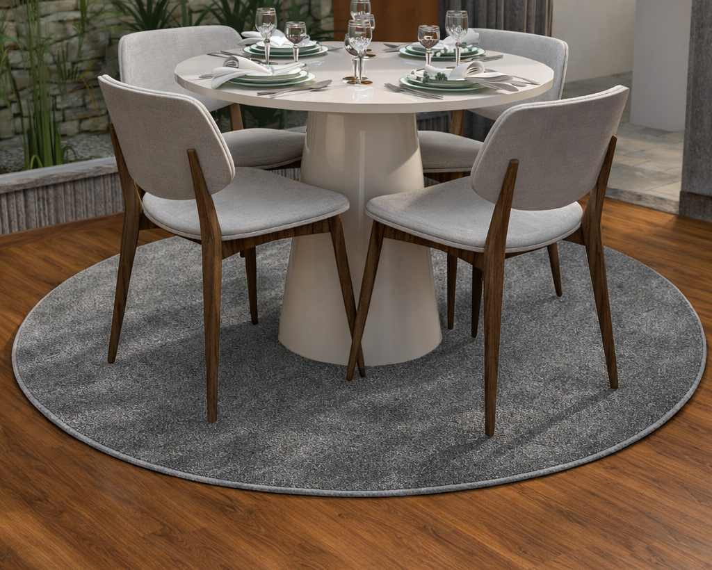 Mesa de jantar redonda branca com cadeiras cinzentas e tapete cinzento
