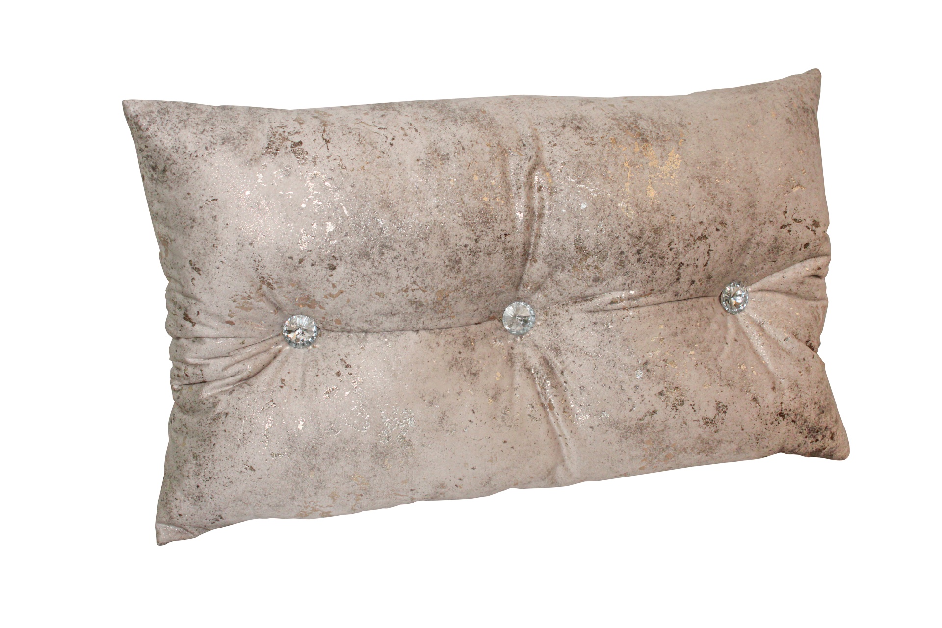 Almofada cinza texturada com botões decorativos sobre fundo branco