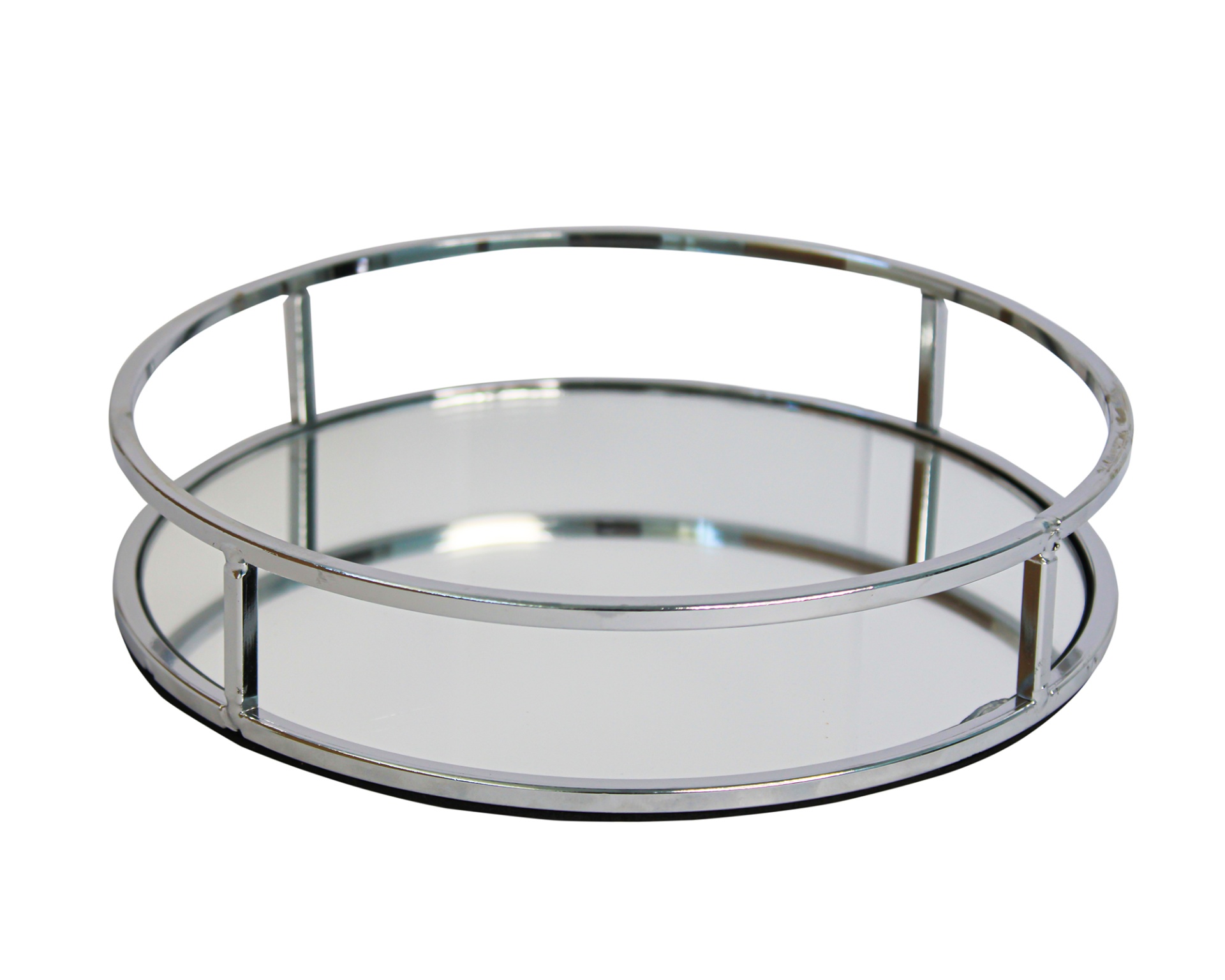 Bandeja redonda com estrutura metálica e base espelhada