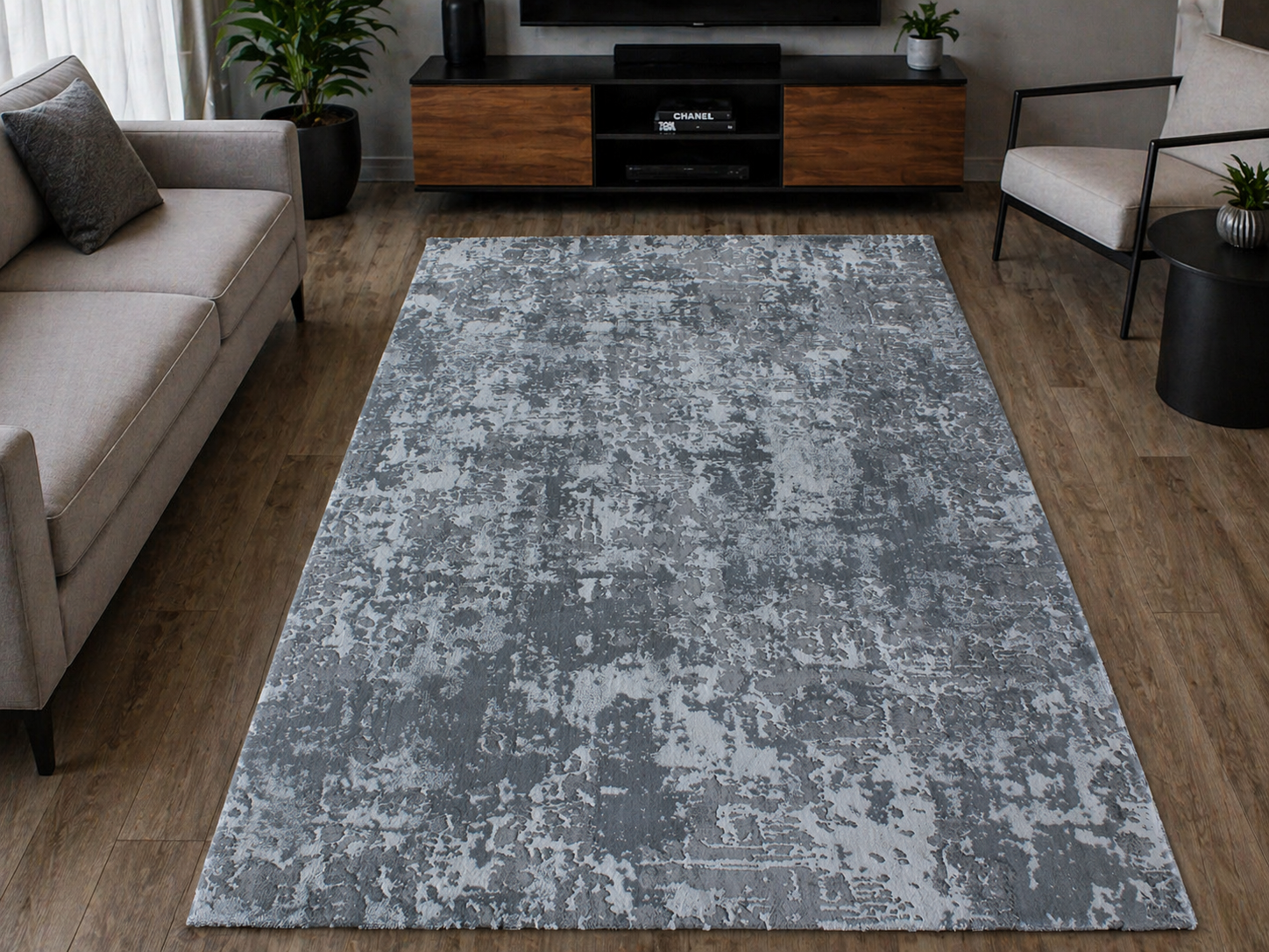 Tapete cinzento com padrão abstrato numa sala de estar moderna