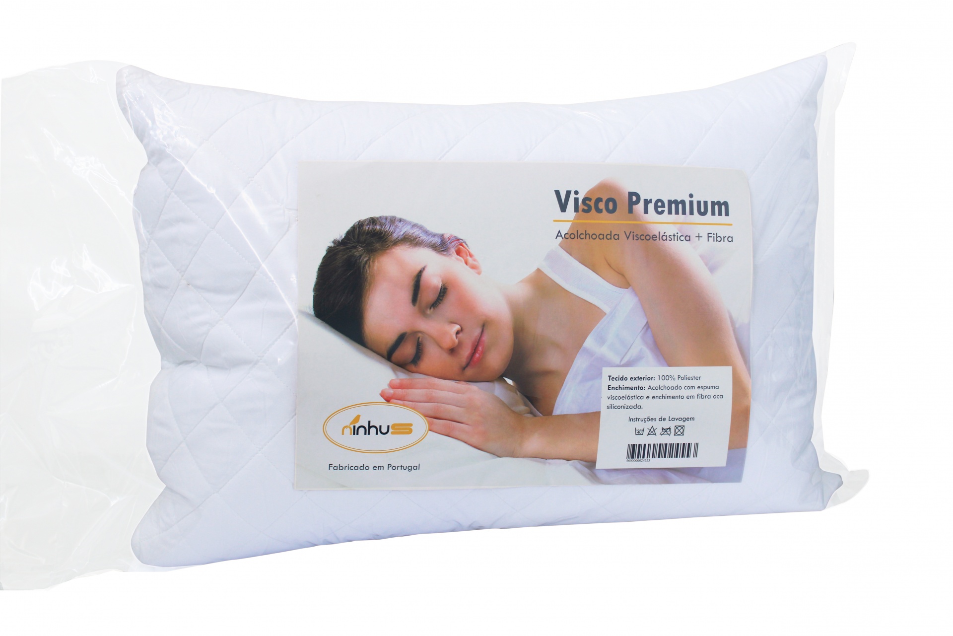 Travesseiro Visco Premium branco embalado com rótulo com imagem de mulher a dormir
