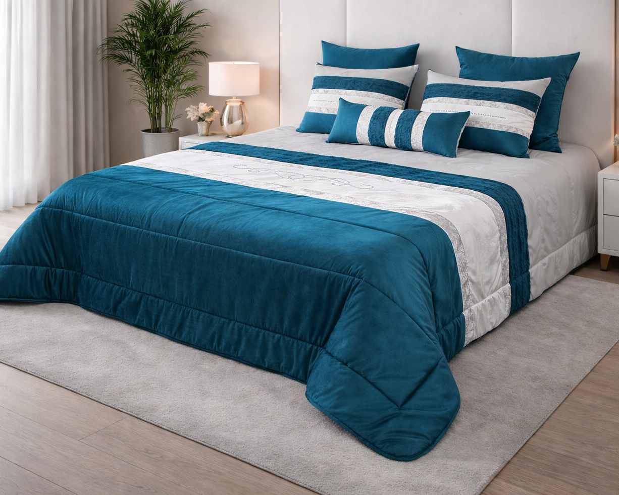 Cama com edredão azul petróleo e branco decorativo