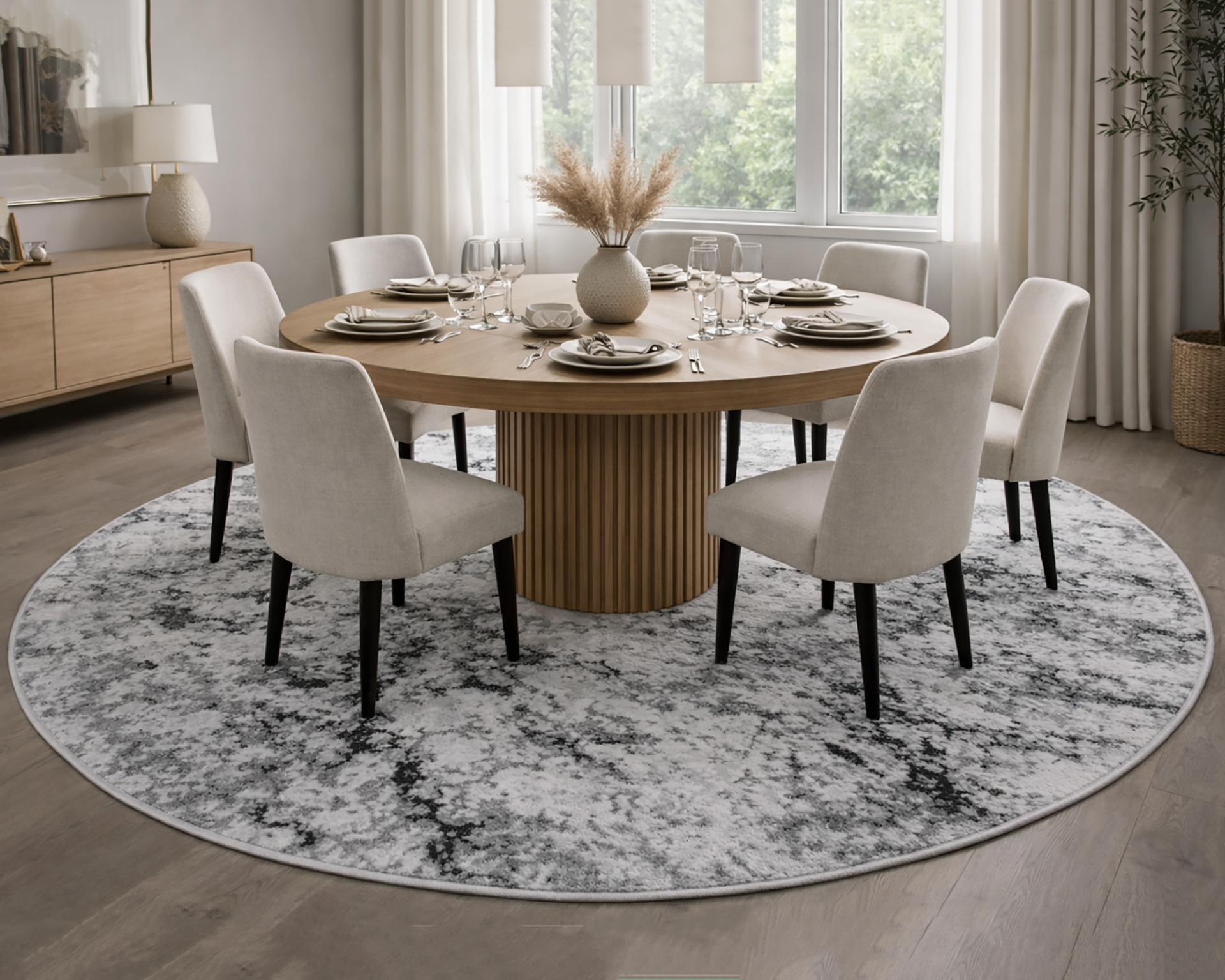 Mesa de jantar redonda em madeira clara com seis cadeiras cinza claro e tapete redondo cinza