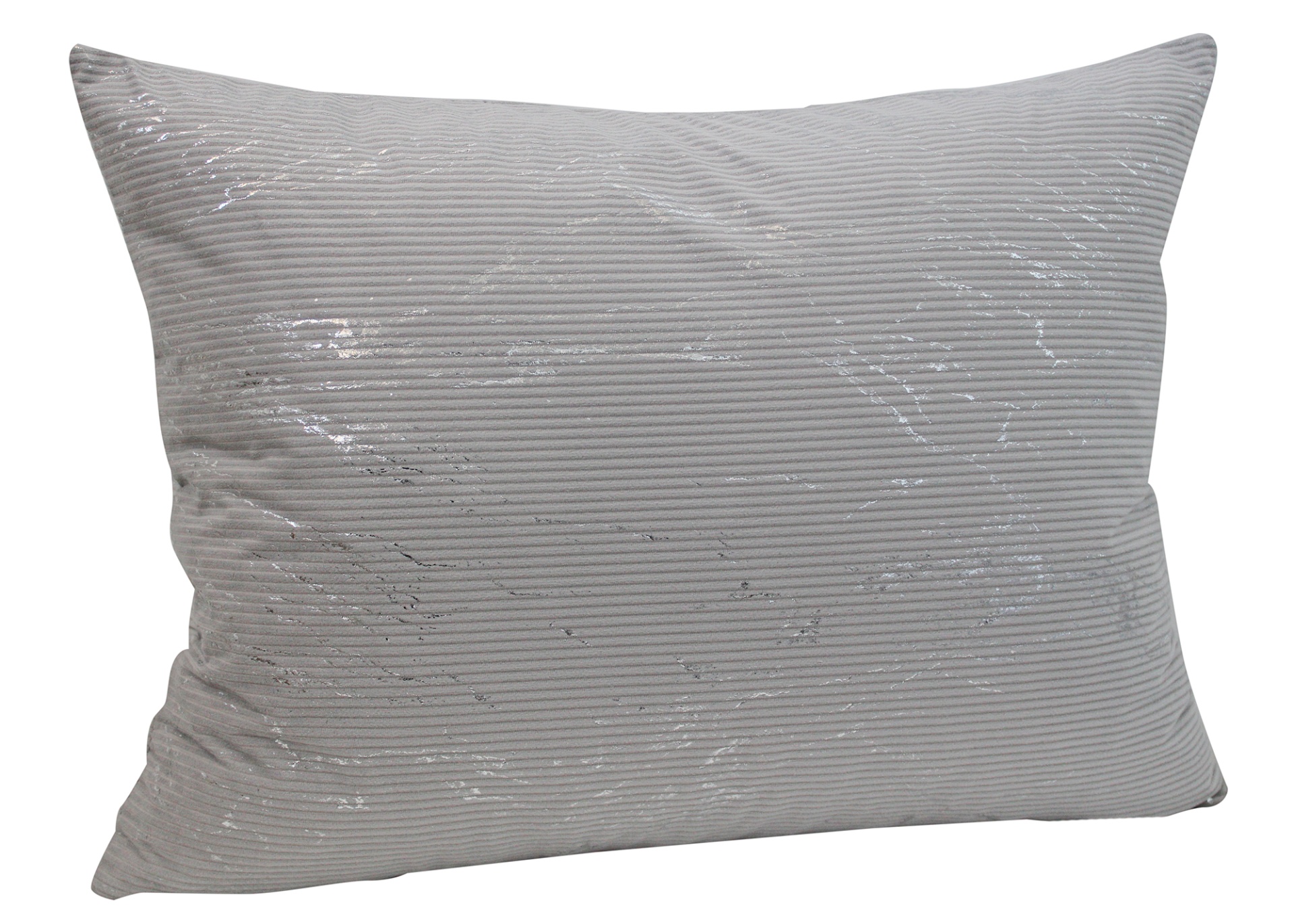 Almofada retangular cinzenta clara com textura às riscas e brilho