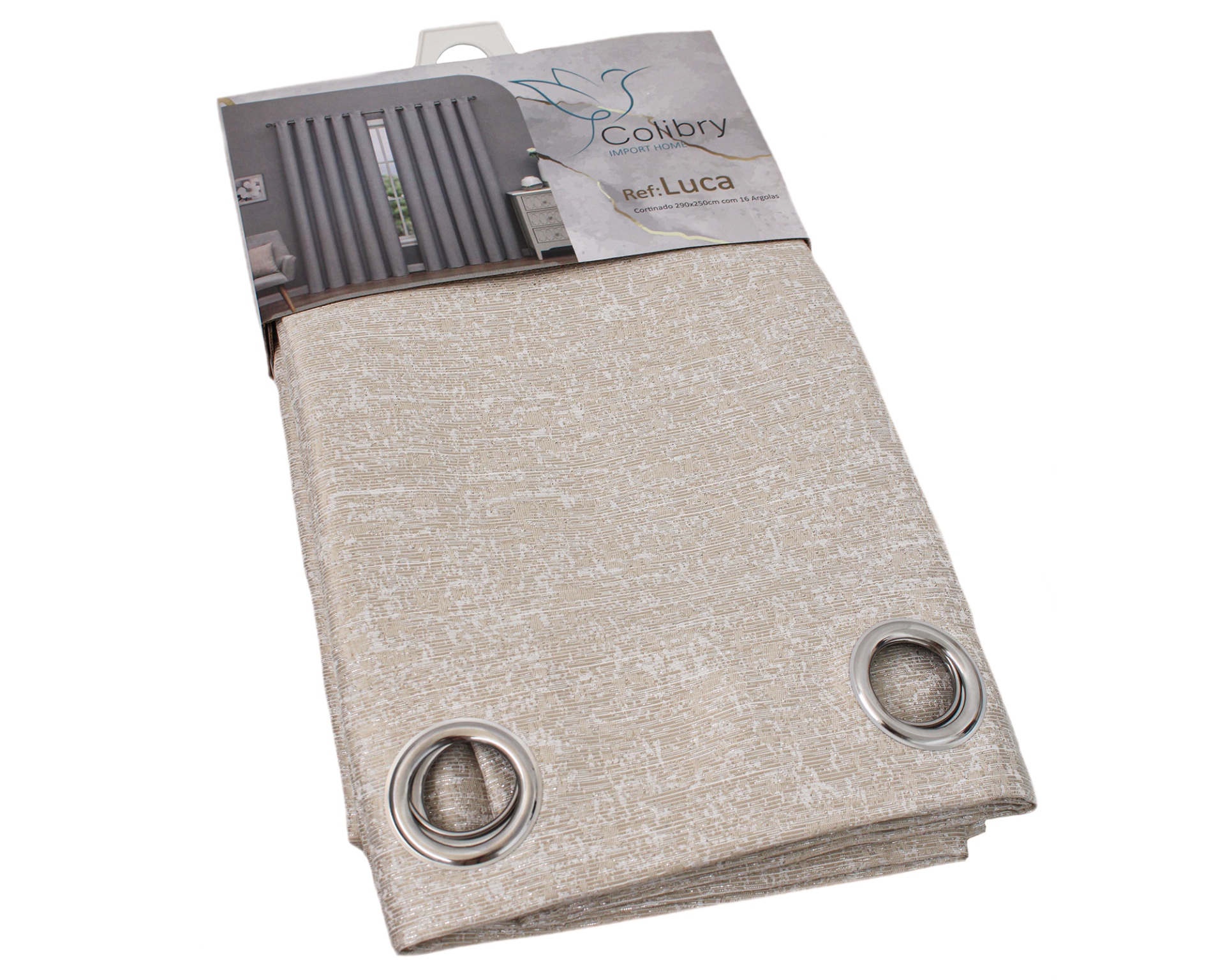 Cortina bege com ilhós de metal e etiqueta da marca Colibry by Luca