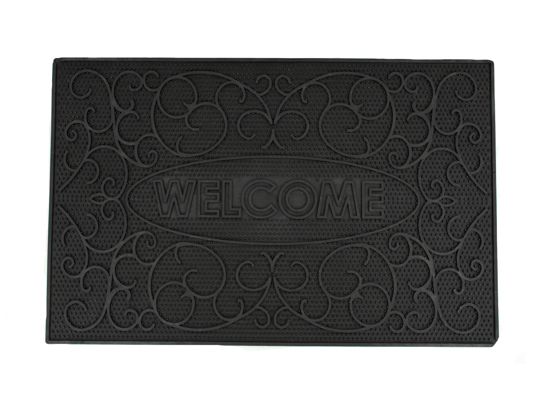 Tapete de entrada preto com padrão decorativo em relevo e texto WELCOME