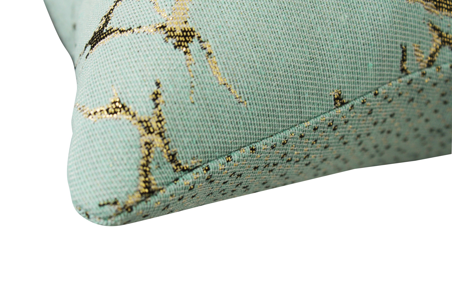 Almofada azul claro com padrão dourado e costura reforçada