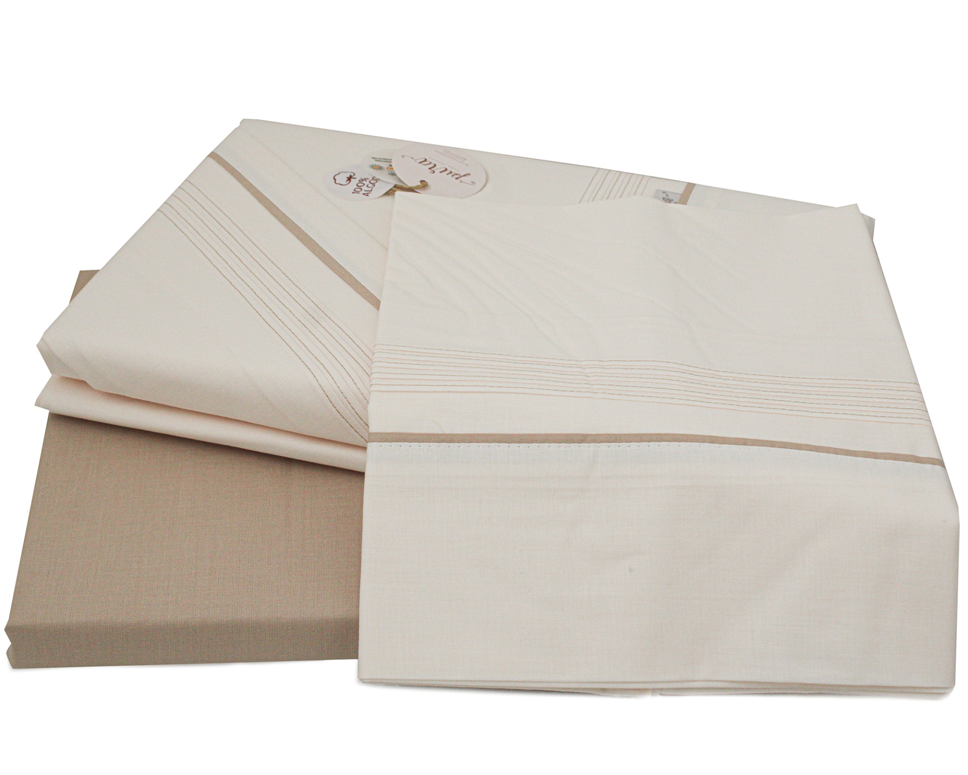 Conjunto de roupa de cama bege e creme com riscas discretas