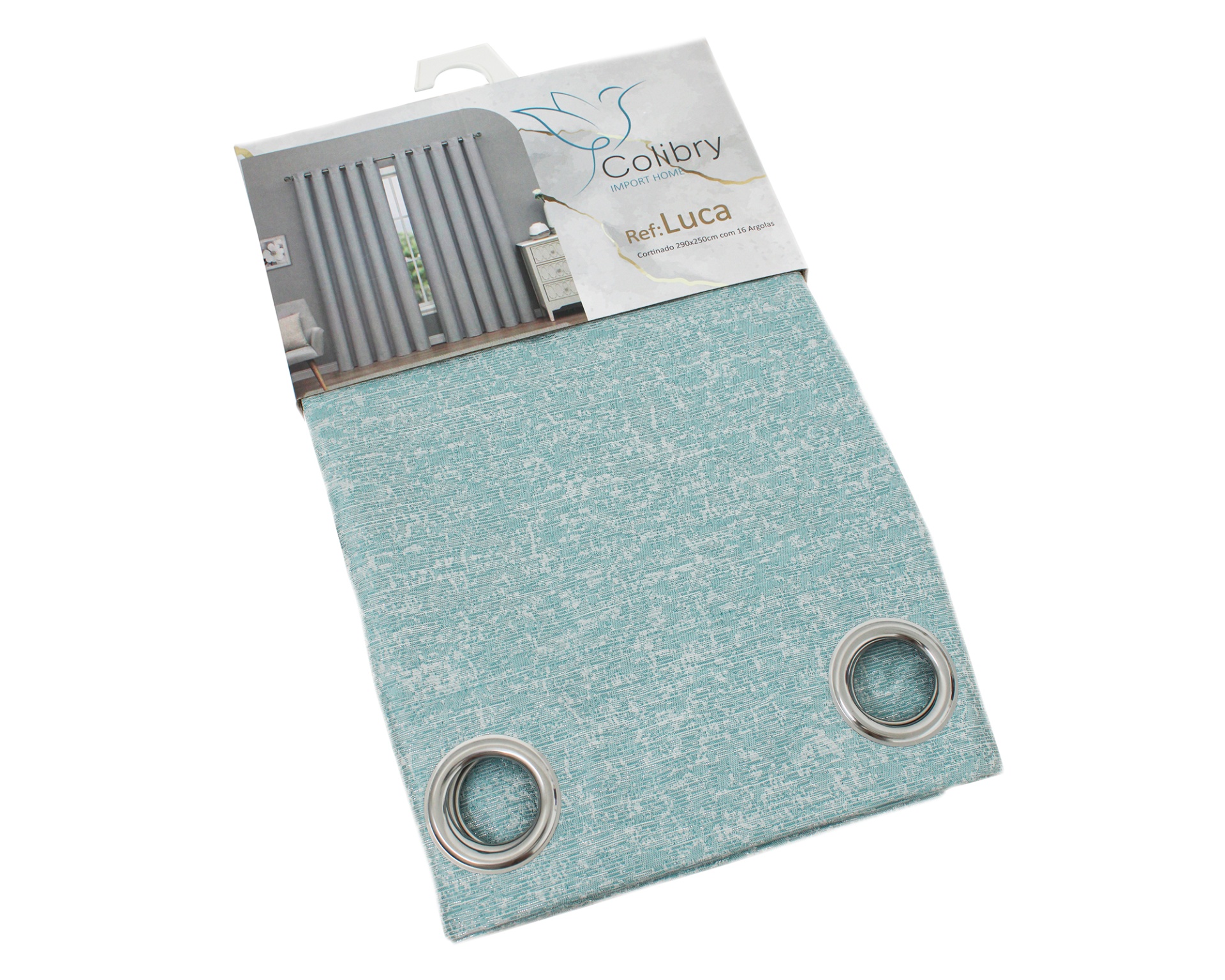 Painel de cortina azul claro com argolas metálicas na embalagem