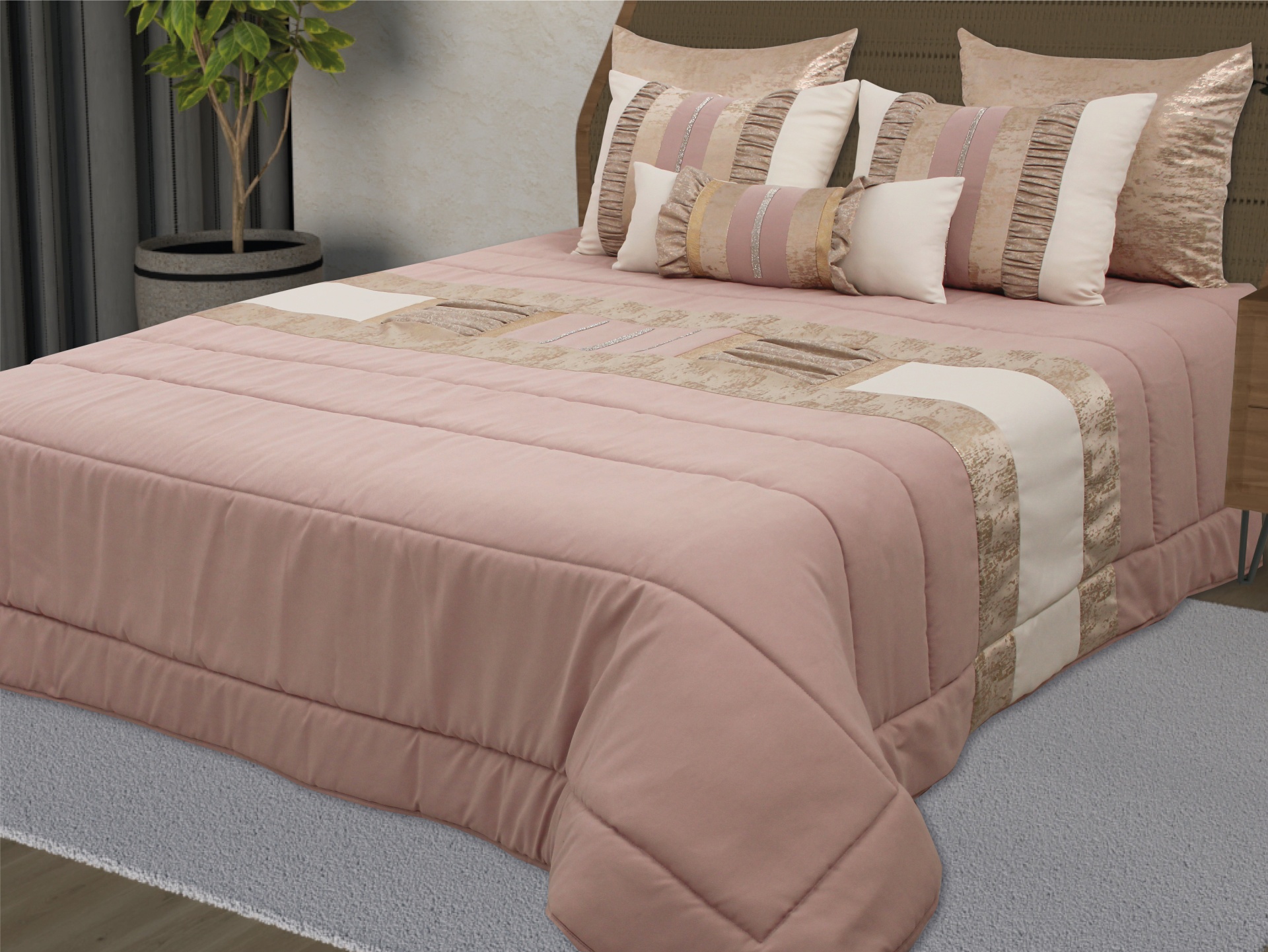 Conjunto de cama com edredão rosa e almofadas decorativas em tons neutros