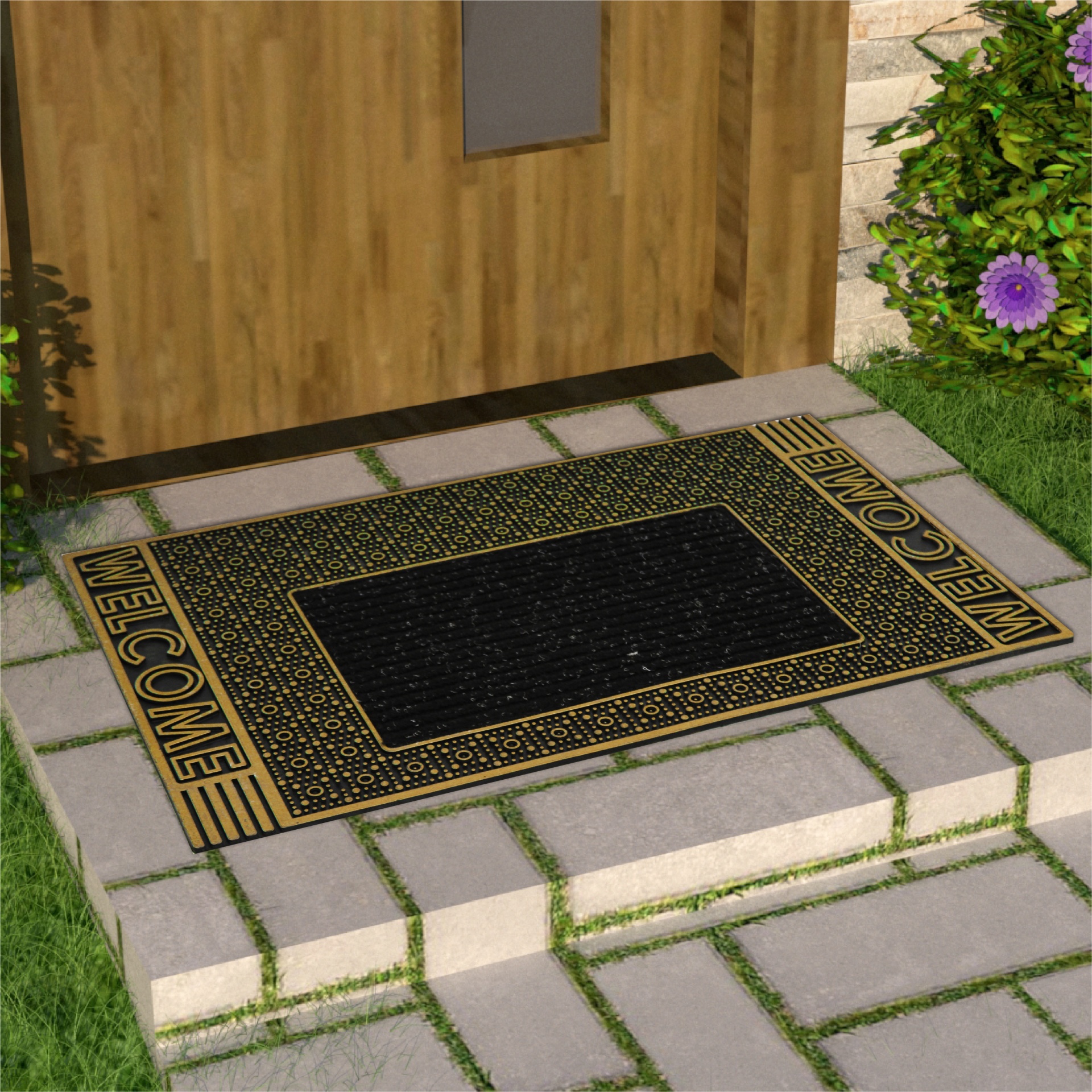 Tapete de entrada preto e dourado com a palavra WELCOME em espaço exterior