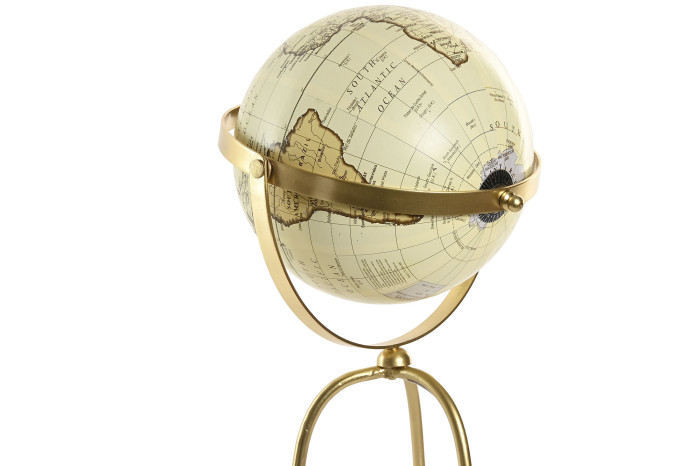 Globo terrestre decorativo com base metálica dourada em fundo branco