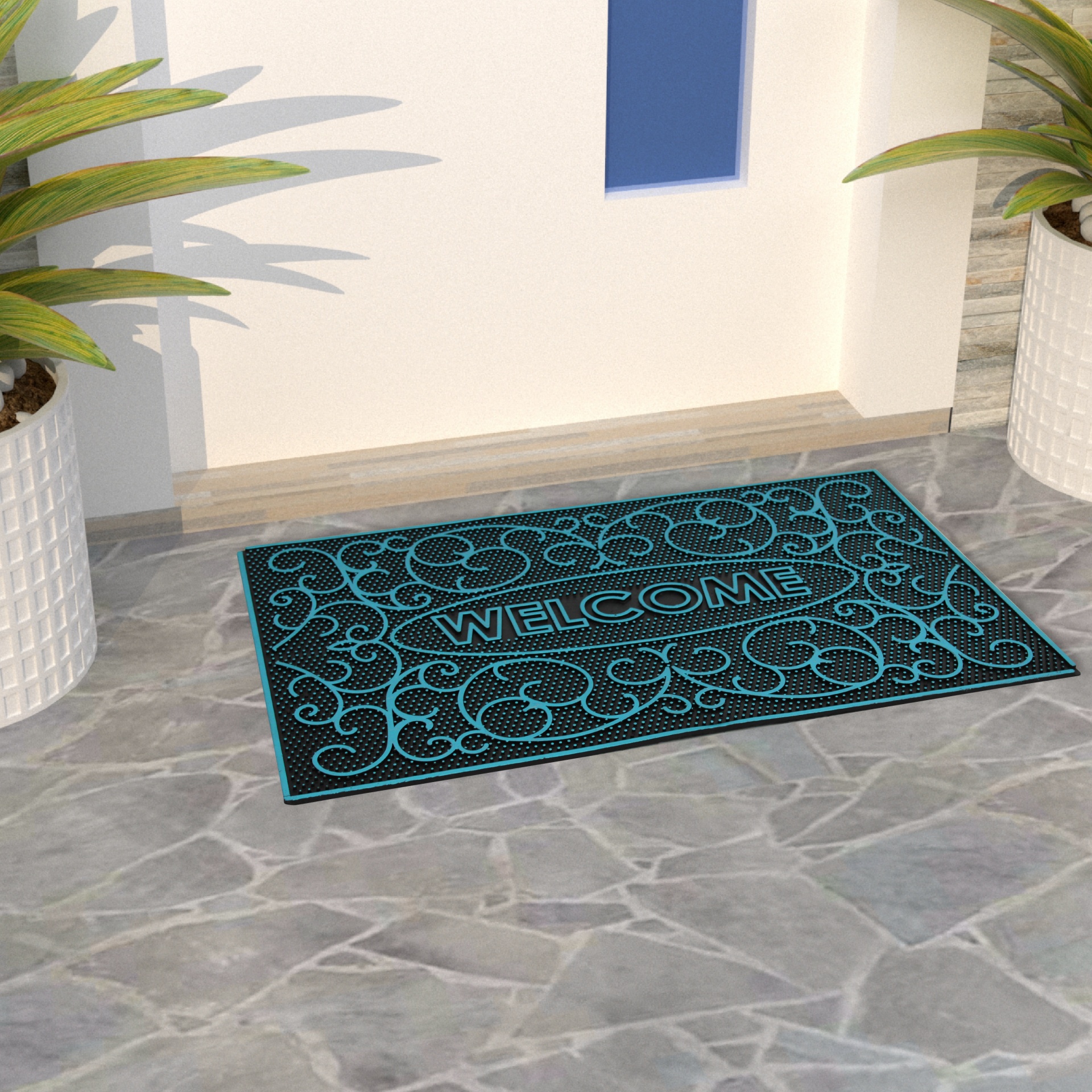 Tapete de entrada preto com padrão azul e texto WELCOME, entre dois vasos com plantas