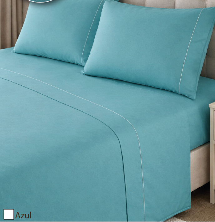 Conjunto de roupa de cama azul com detalhes em linha branca