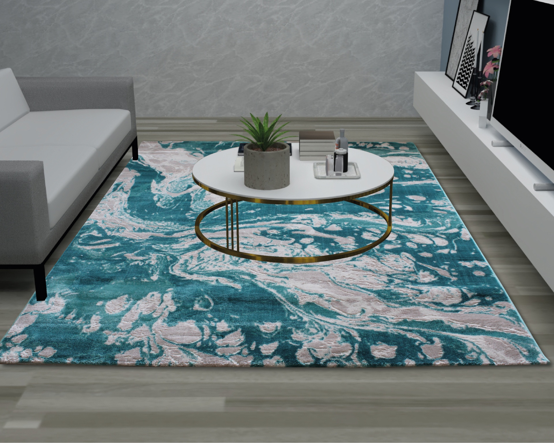 Tapete azul turquesa com padrão abstrato numa sala moderna com sofá cinza e mesa de centro redonda.