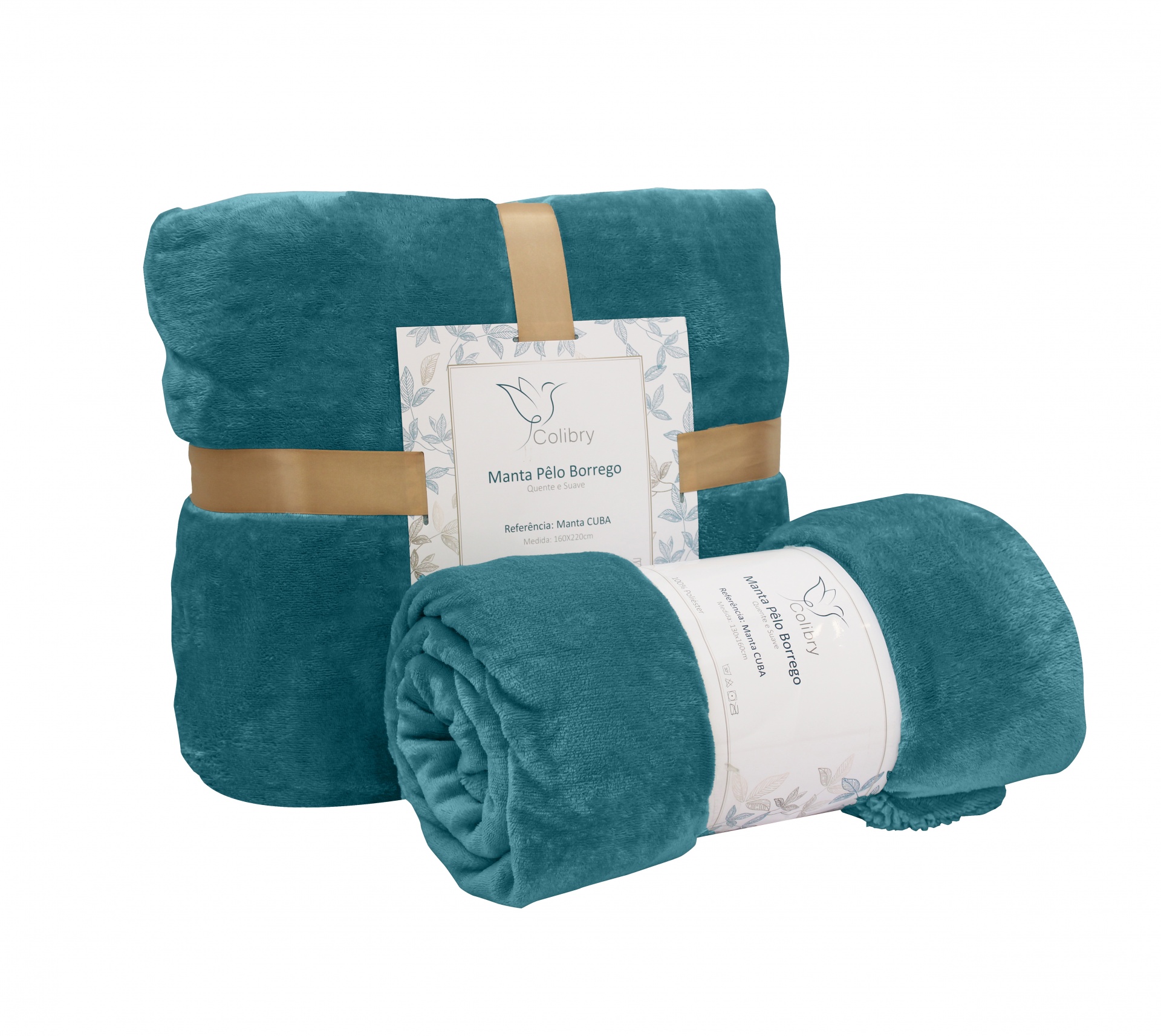 duas mantas turquesa de pelo barrego com etiquetas da marca Cobry
