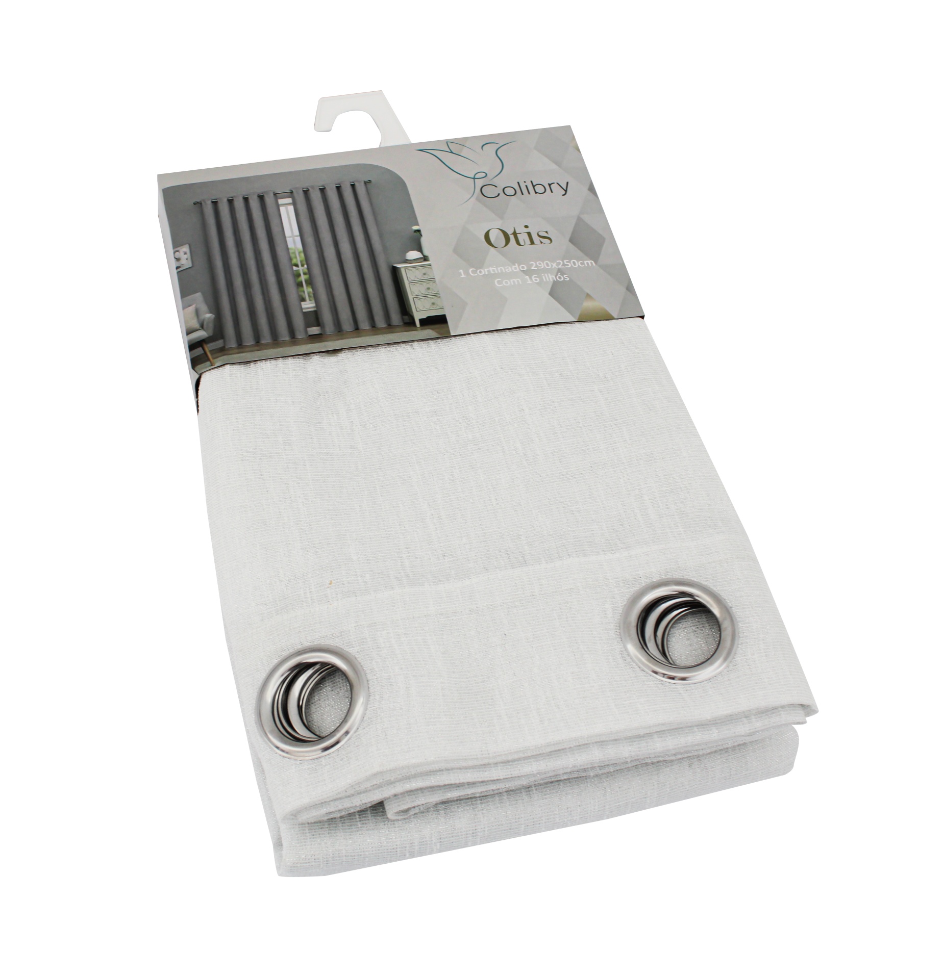 Cortinado branco com ilhós metálicos embalado com etiqueta Colibry Otis