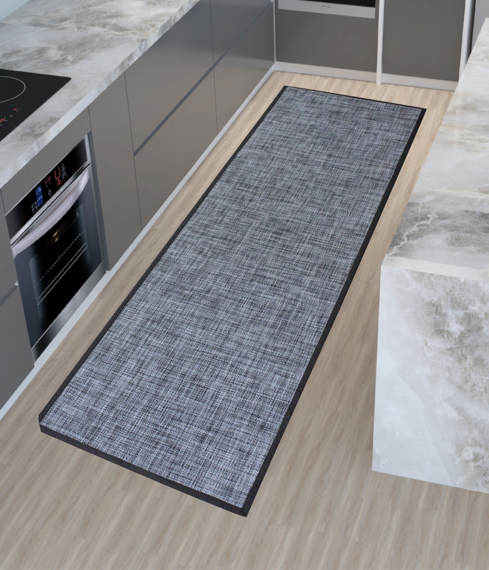 Tapete cinzento retangular com padrão na cozinha