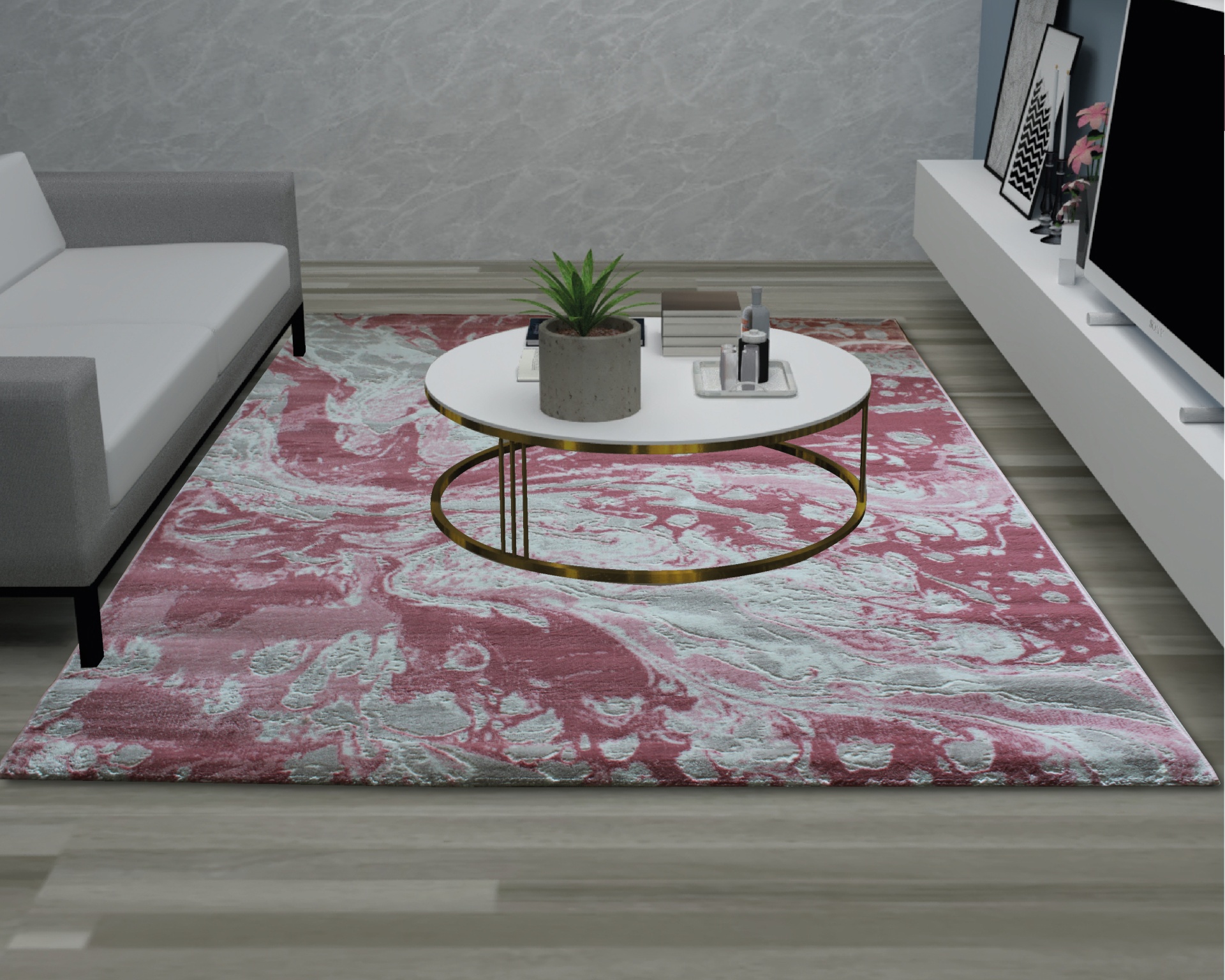 Tapete decorativo rosa e cinza com mesa de centro branca e plantas numa sala moderna