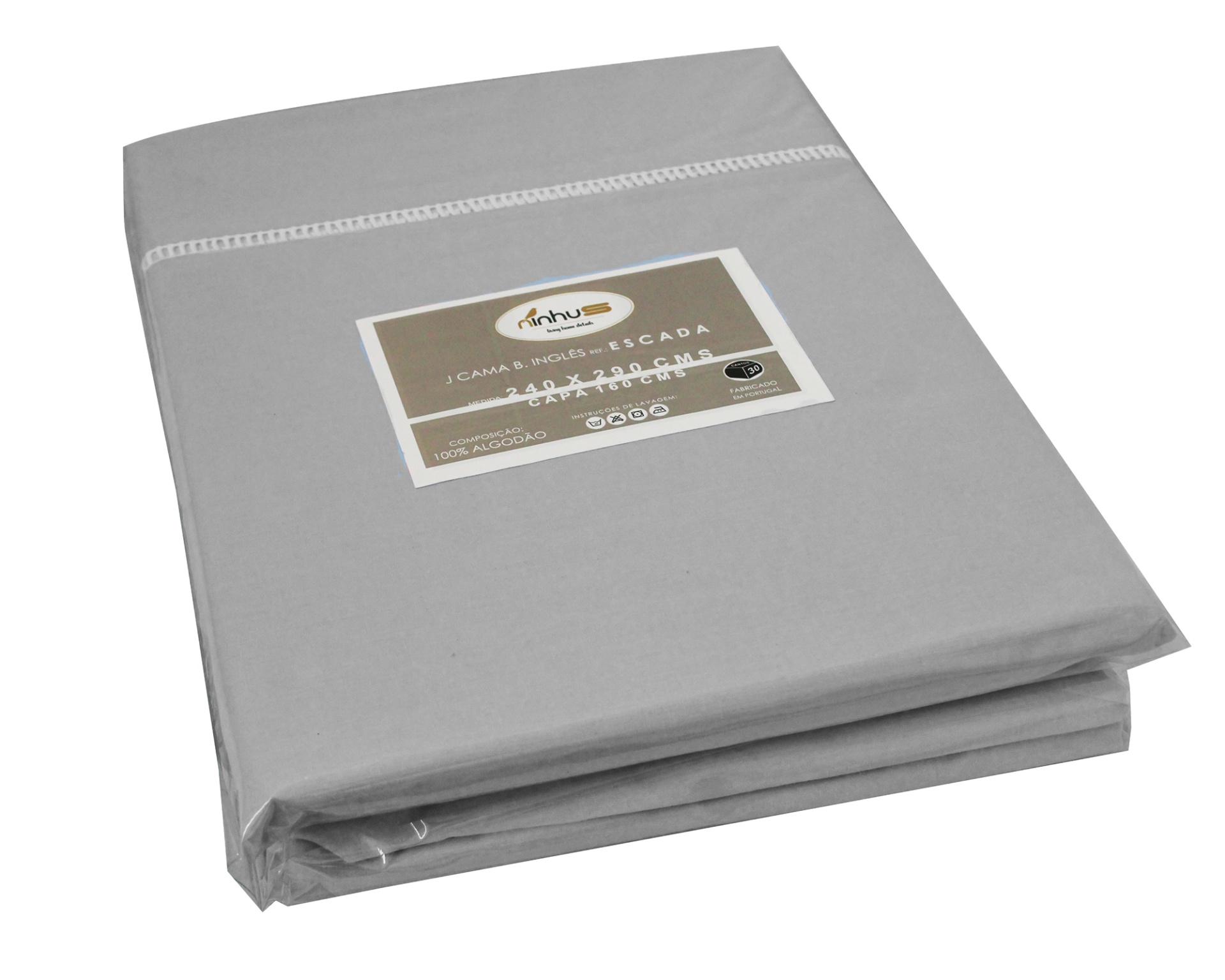 Lençol cinza claro de algodão com costura branca, embalagem plástica com etiqueta marca Arthur