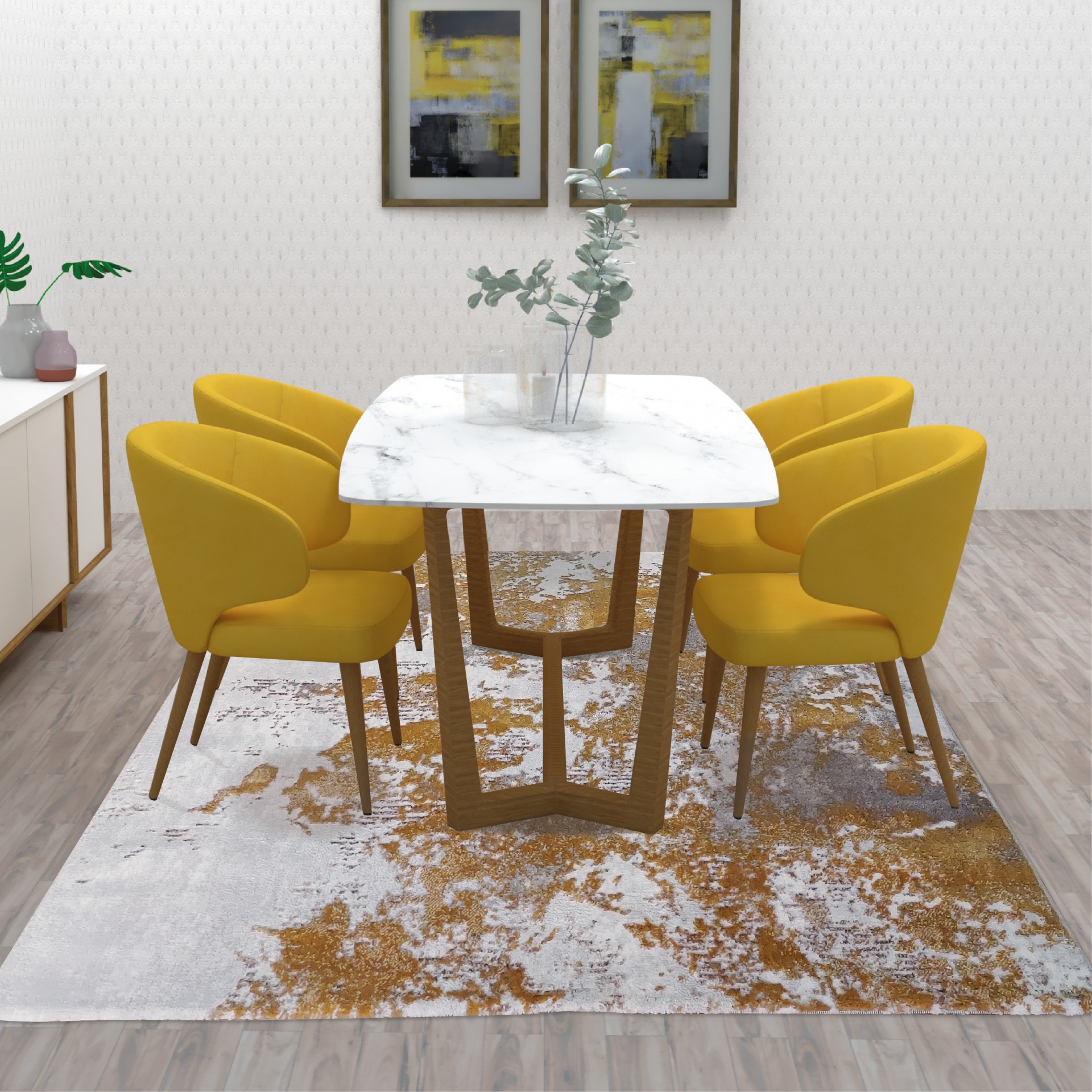 Mesa de jantar retangular branca em mármore com quatro cadeiras amarelas estofadas sobre tapete branco com padrão castanho, em piso de madeira clara
