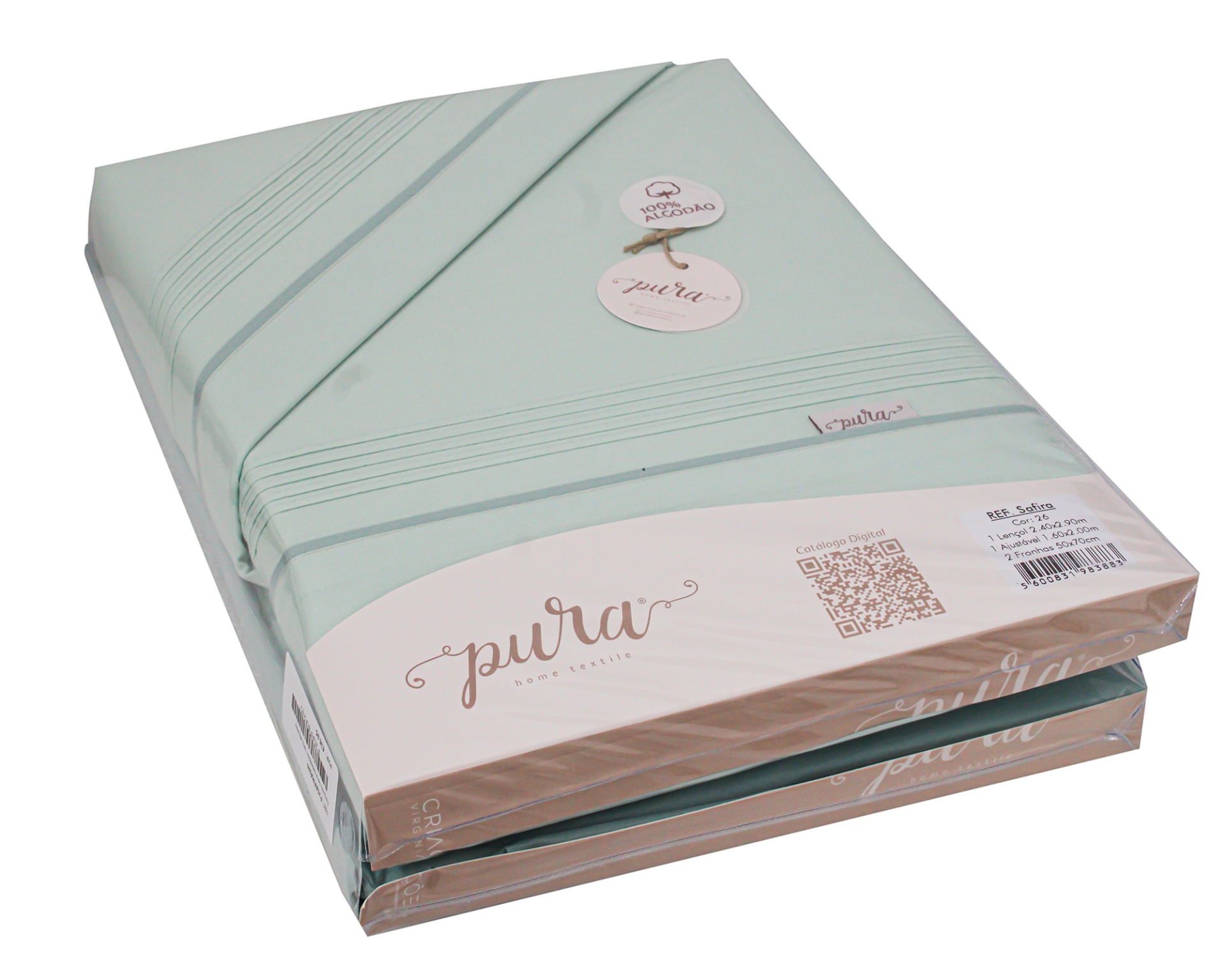 Conjunto de lençóis verde claro embalado com etiquetas da marca pura e informações de algodão.