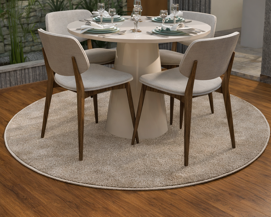 Mesa redonda branca com quatro cadeiras estofadas beges e estrutura de madeira escura, sobre tapete redondo bege, com utensílios de jantar.