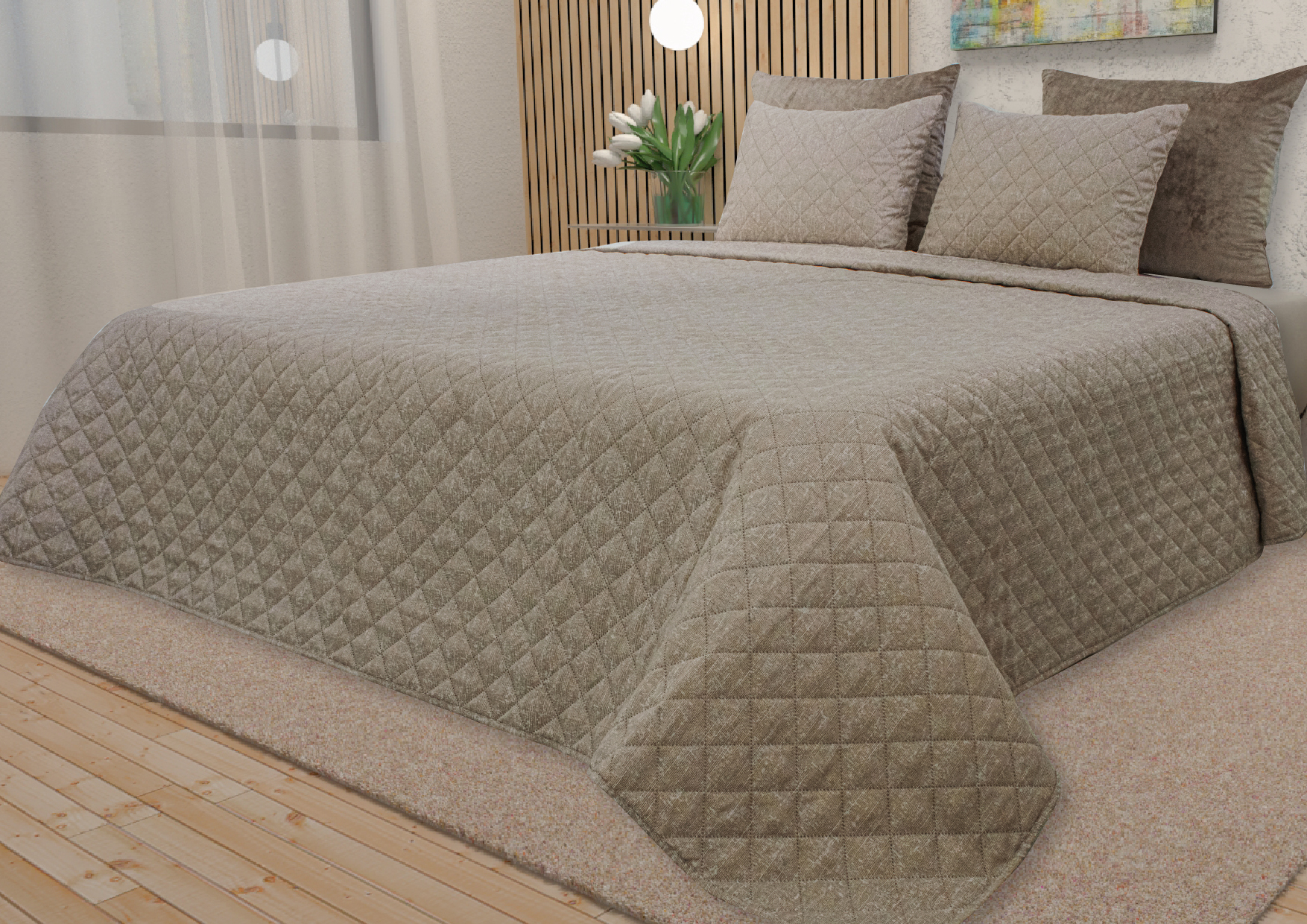 Colcha cinzenta com padrão de losangos e almofadas num quarto moderno