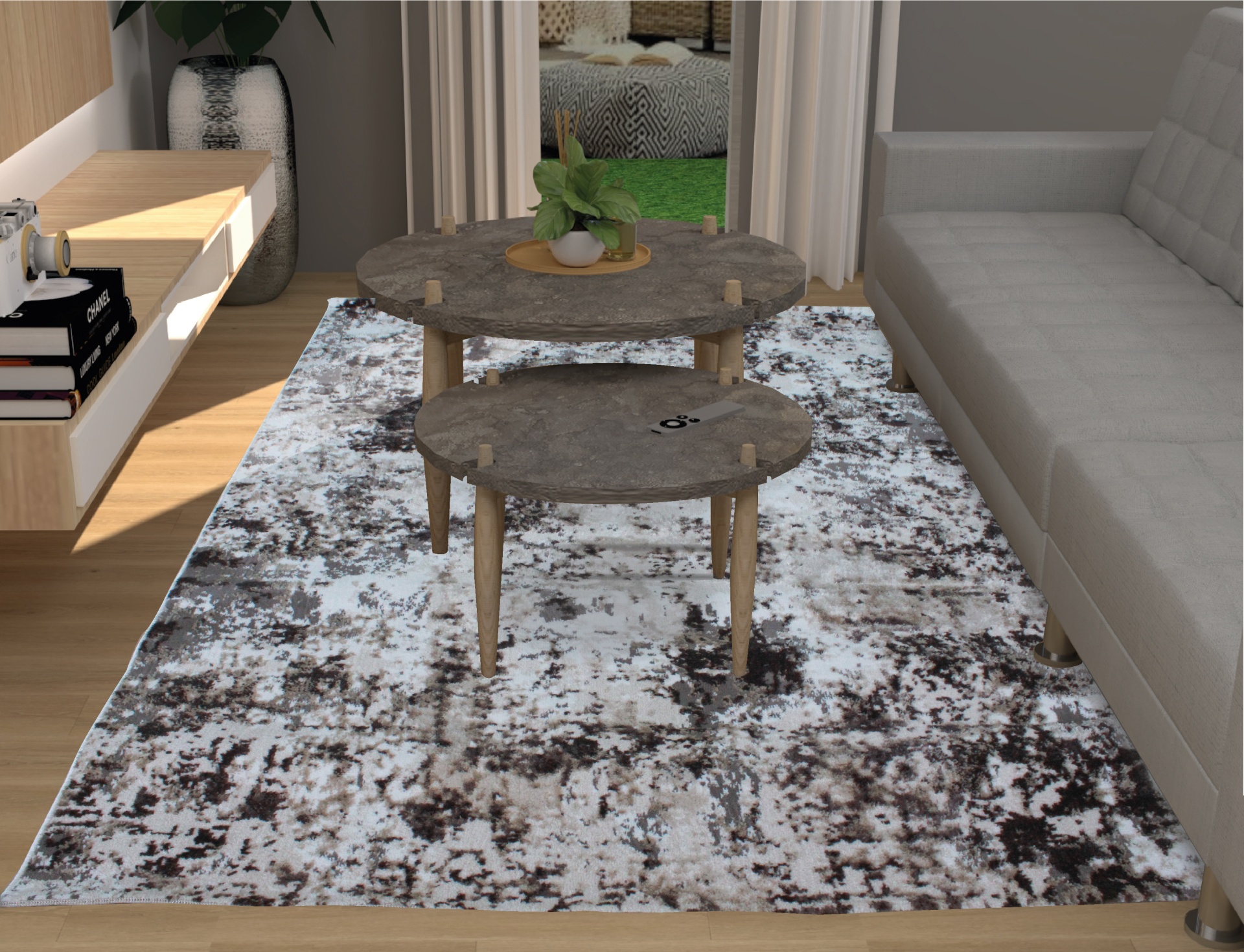 Tapete abstrato branco e castanho com mesa de centro redonda cinza e sofá cinza