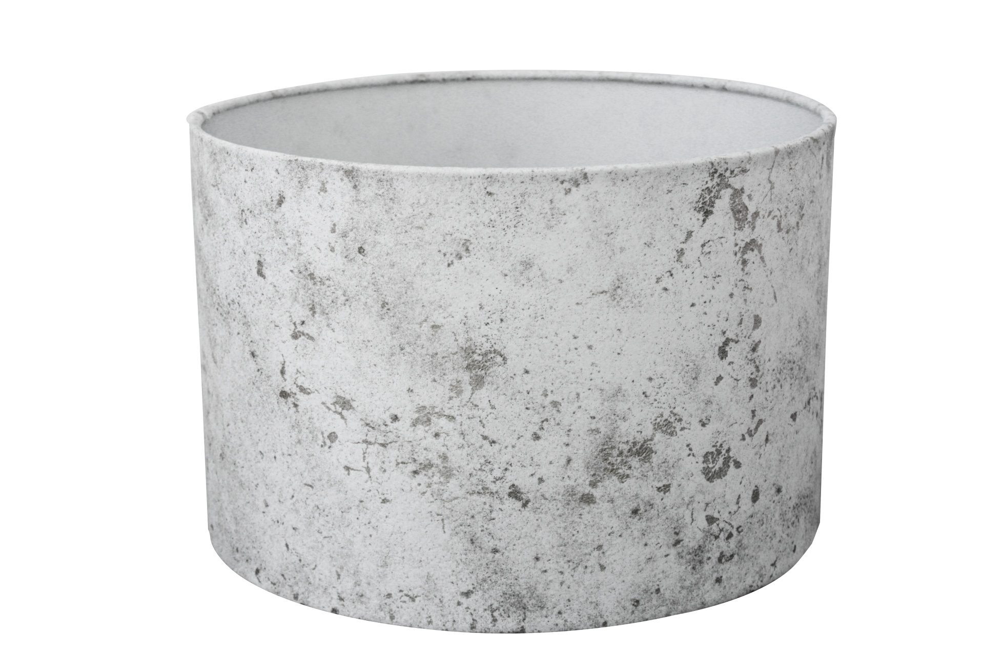Vaso cilíndrico de cimento cinzento com textura rugosa e manchas escuras