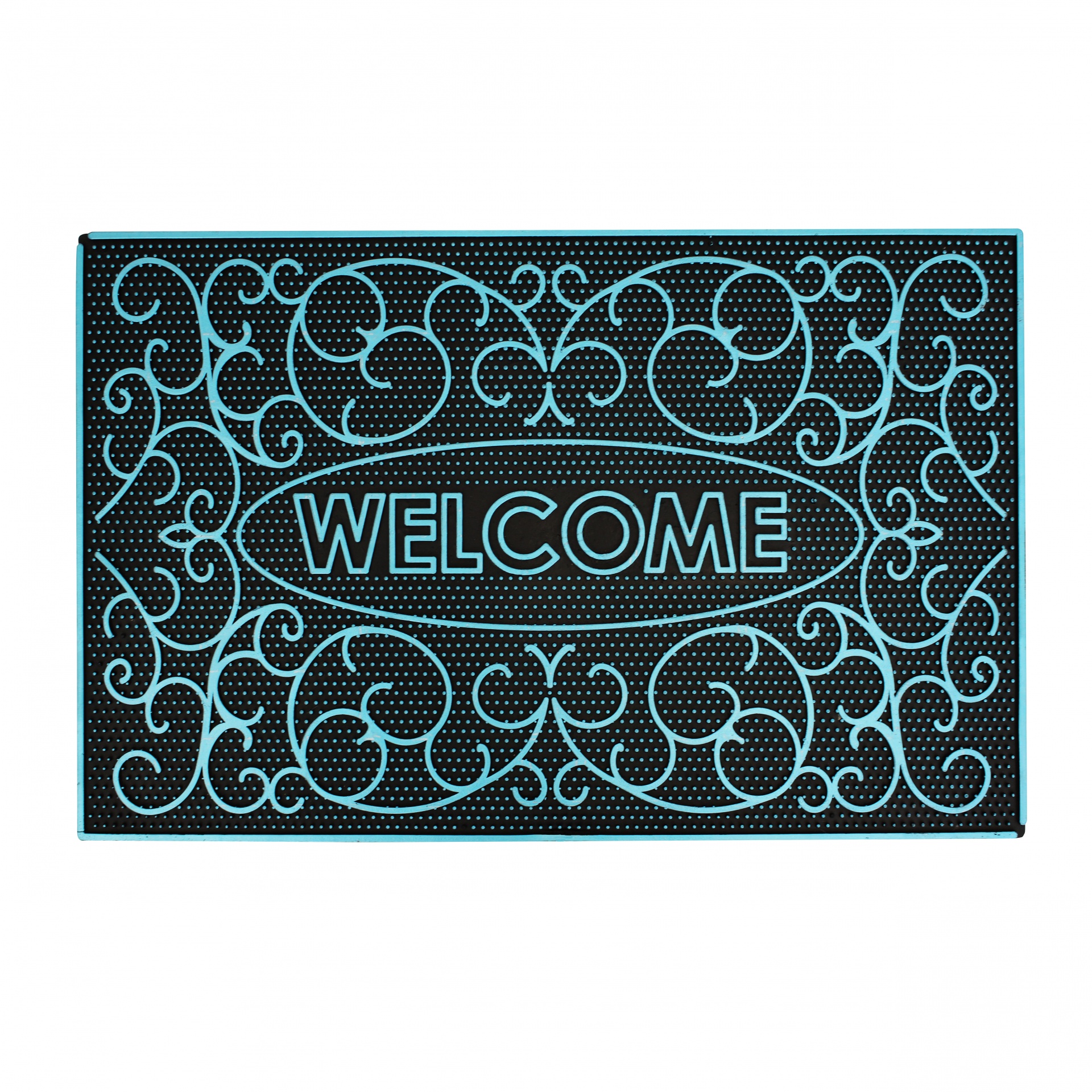 Tapete de entrada preto com desenho ornamental azul e texto WELCOME