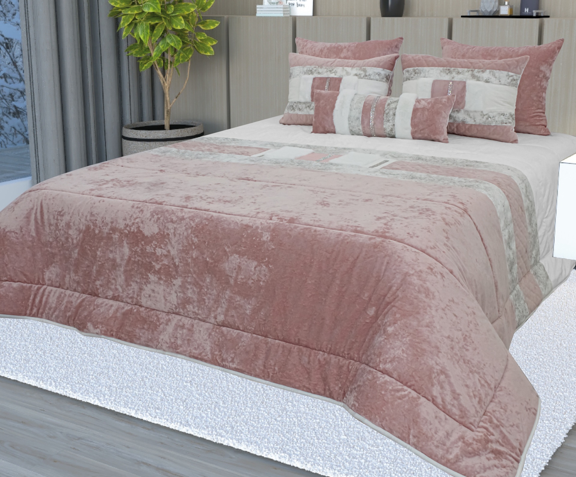 Conjunto de cama rosa e cinzento com almofadas decorativas e planta num quarto moderno