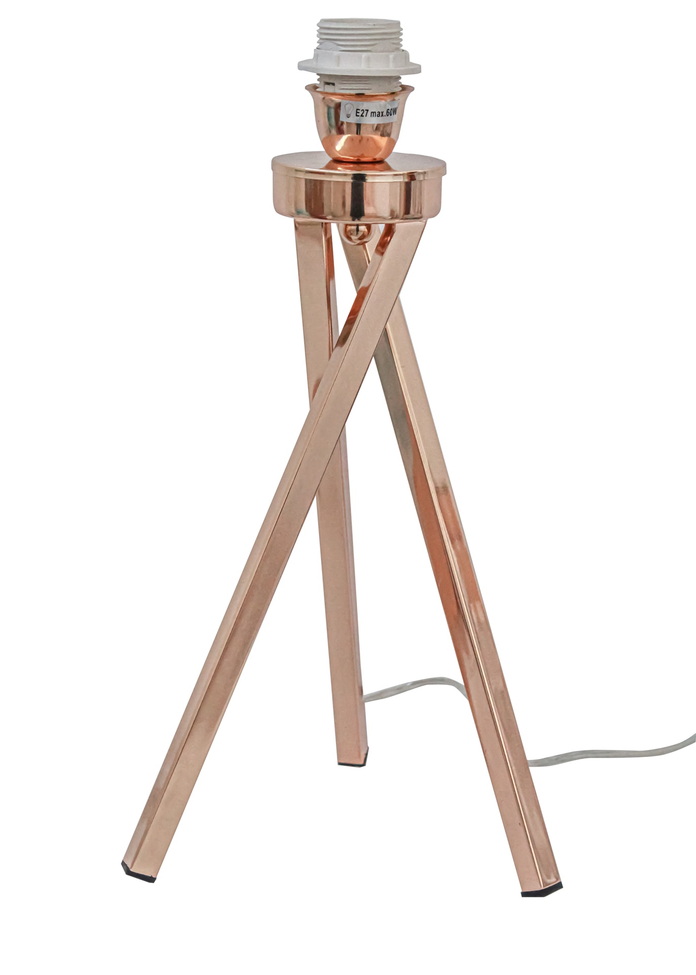 Candeeiro de pé metálico cor cobre com três pernas e soquete branco