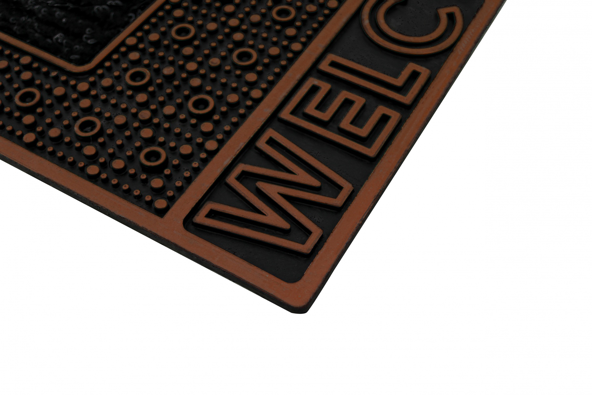 Tapete de entrada castanho e preto com texto Welcome em relevo