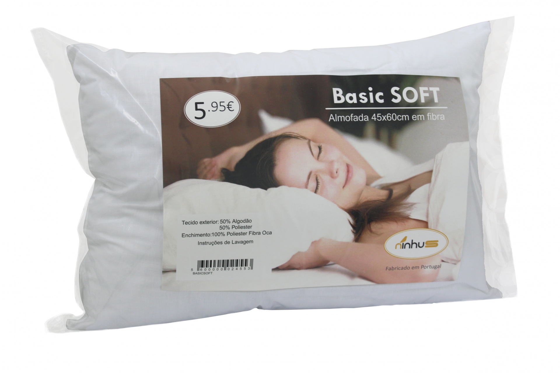 Almofada Basic SOFT em embalagem transparente com etiqueta e imagem de mulher a dormir.