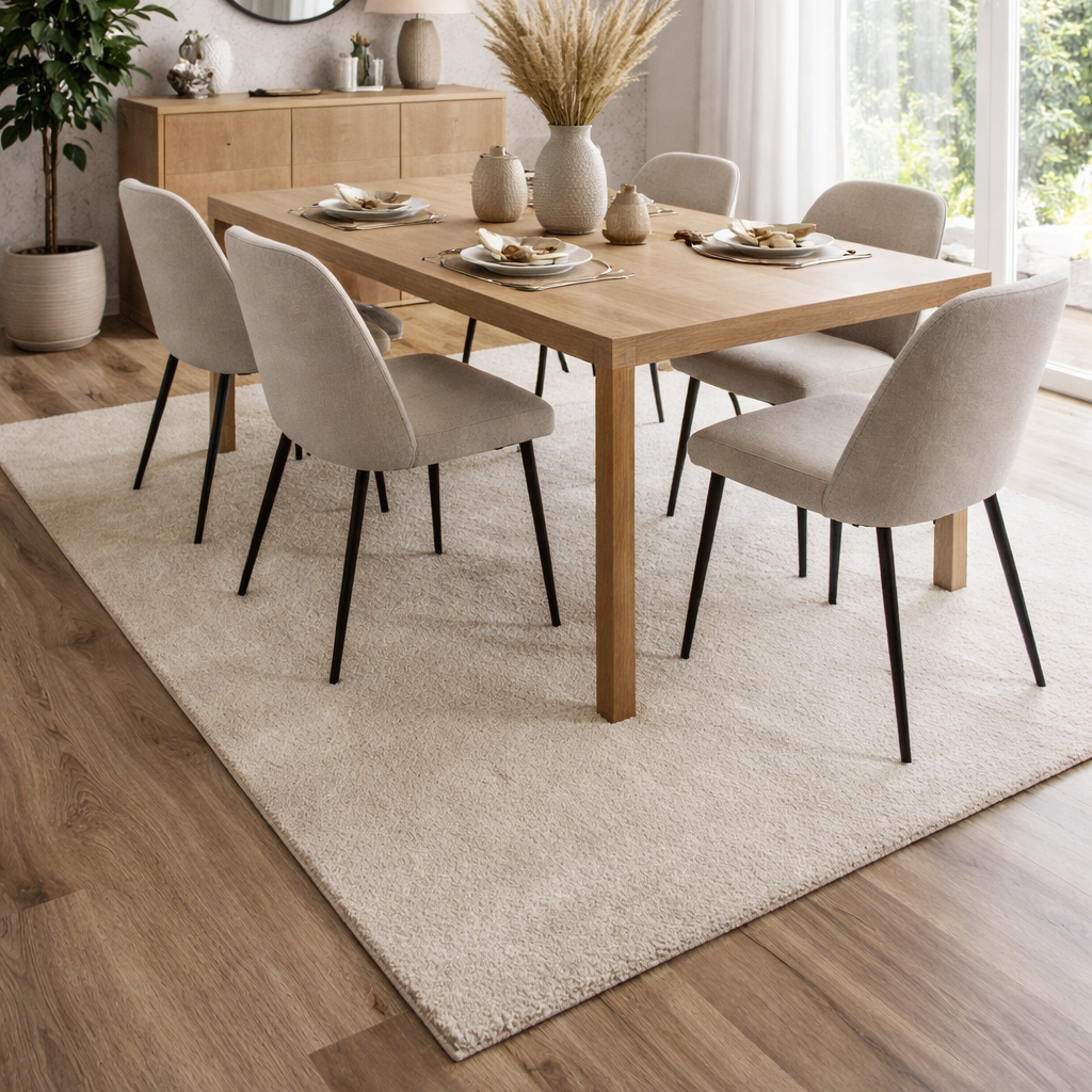 Conjunto de mesa de jantar em madeira clara com seis cadeiras estofadas cinza e decoração