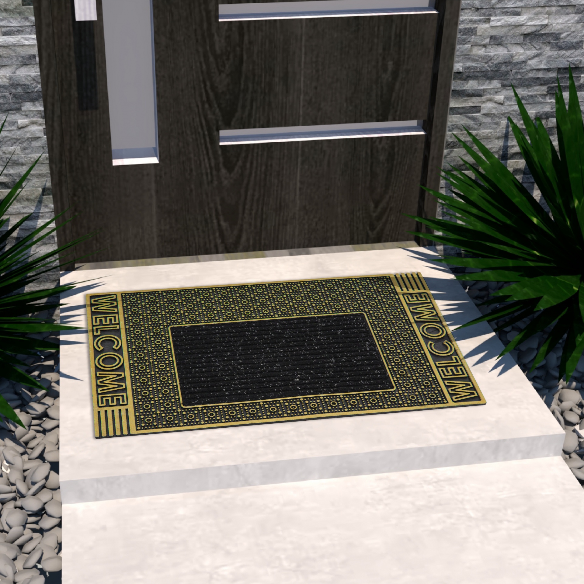 Tapete de entrada com texto WELCOME em frente a porta de madeira escura