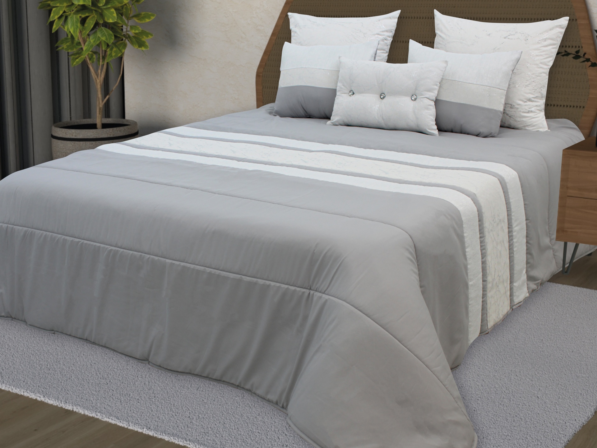 Cama com colcha cinza e almofadas brancas e cinzentas, tapete cinza e planta verde ao lado