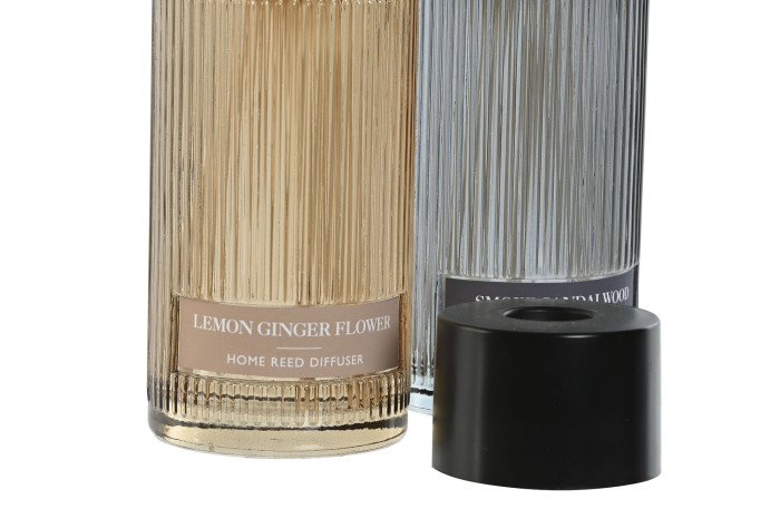 difusores de ambiente em vidro rilhado bege e cinza com tampa preta