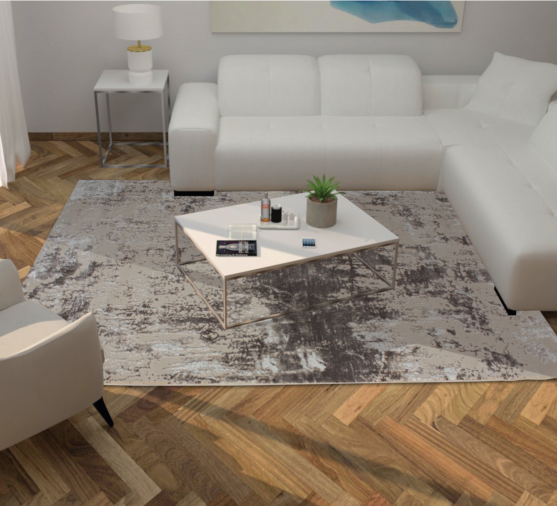 Sala de estar com sofá branco, poltrona bege, mesa de centro branca e tapete cinza abstrato