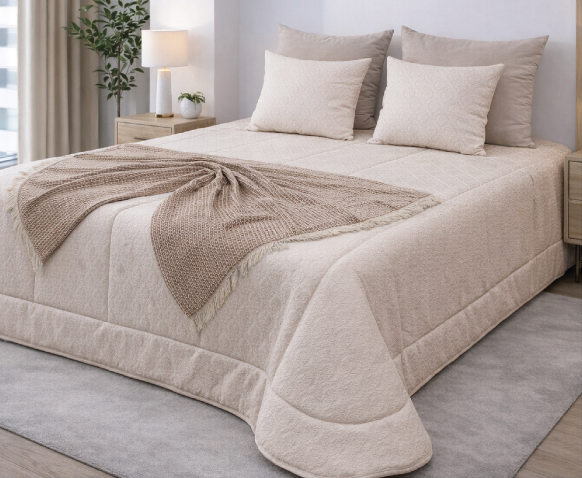 Cama com edredão bege claro, almofadas e manta de tricô bege escuro numa decoração minimalista.