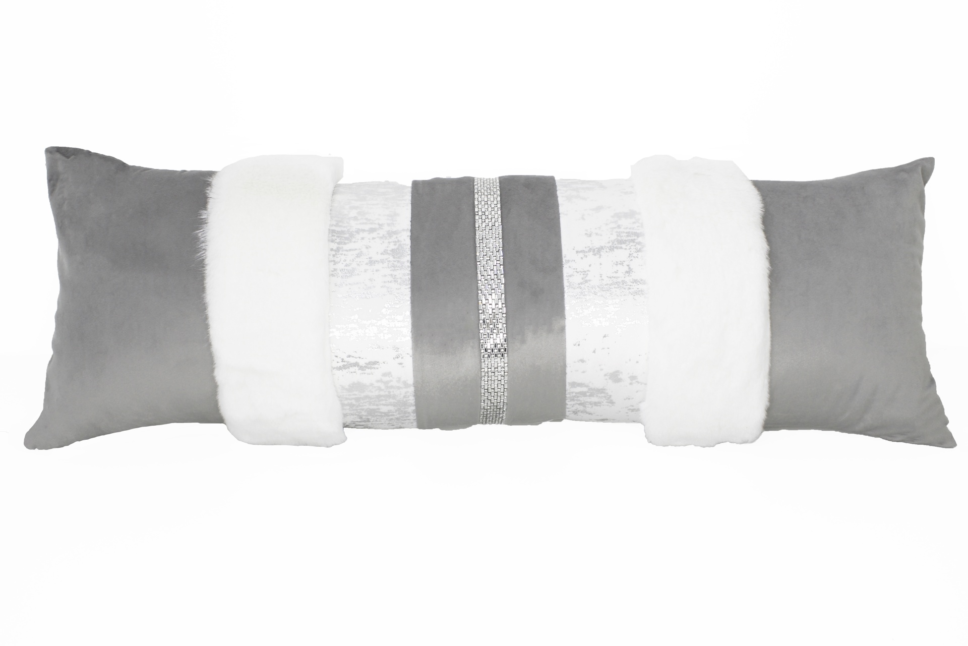 Travesseiro decorativo cinza e branco com texturas variadas