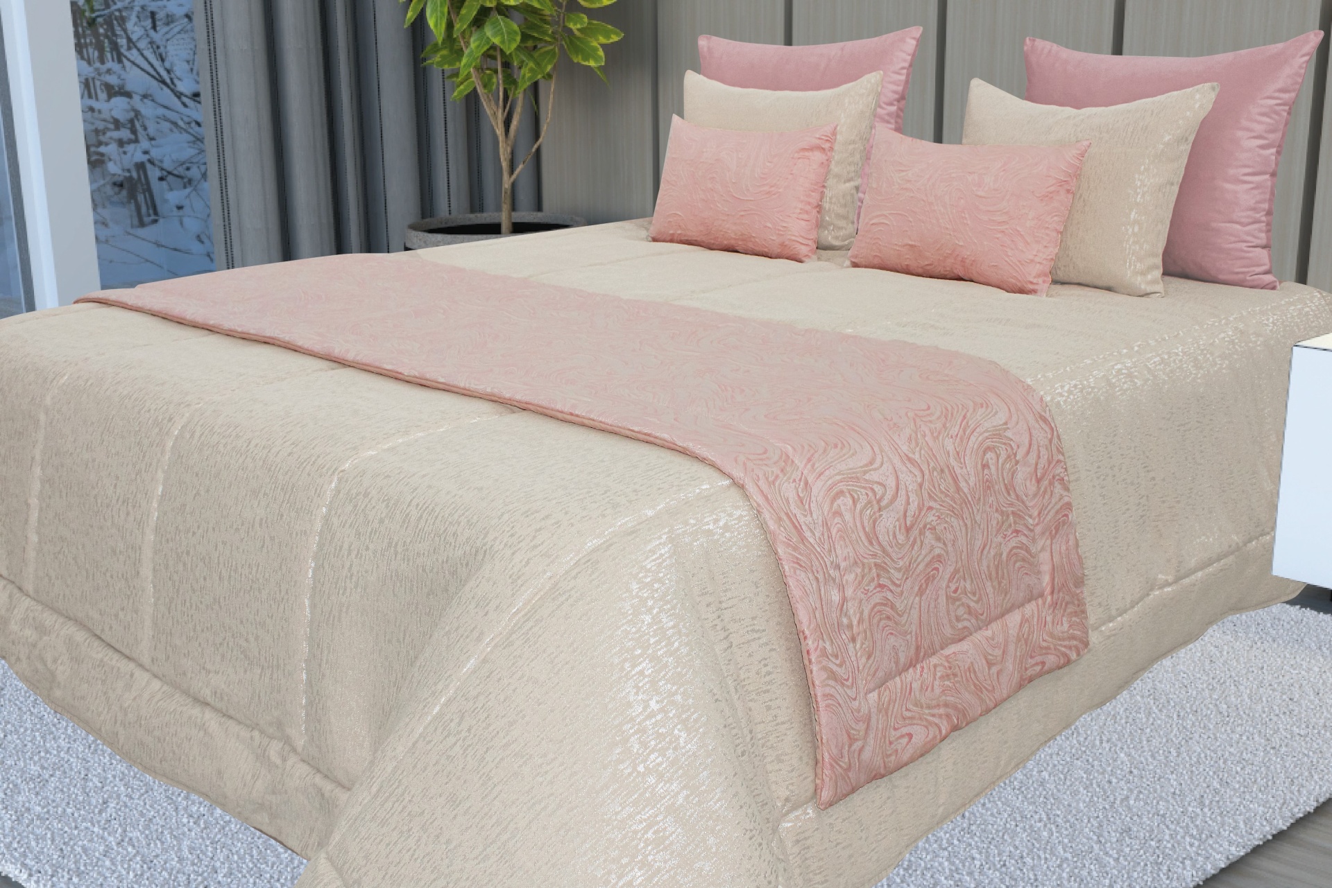 Colcha bege com manta rosa floral e almofadas em cama numa divisão moderna