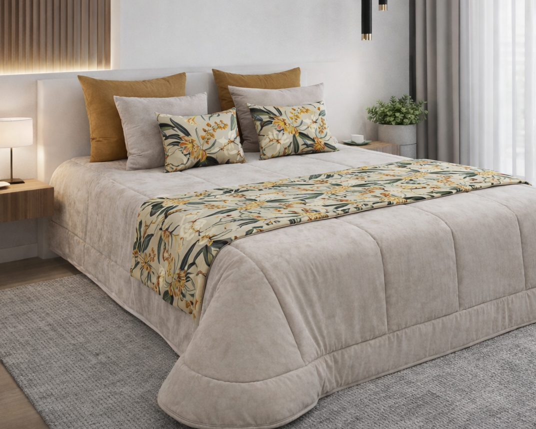 Cama de casal com edredão bege, almofadas castanhas e cinzentas, pano decorativo floral, tapete cinzento, candeeiro e plantas.
