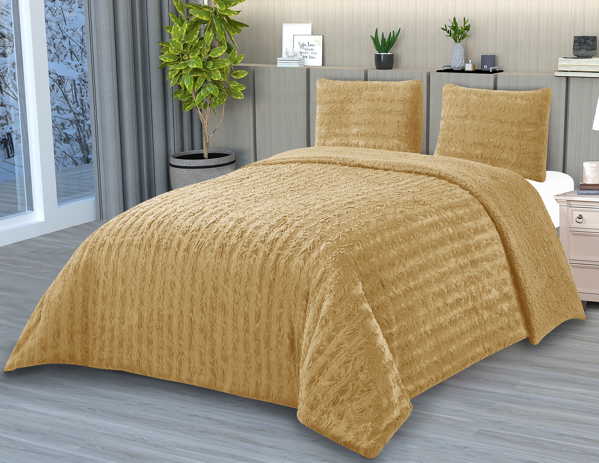 Roupa de cama bege felpuda com textura e padrão ondulado em quarto moderno