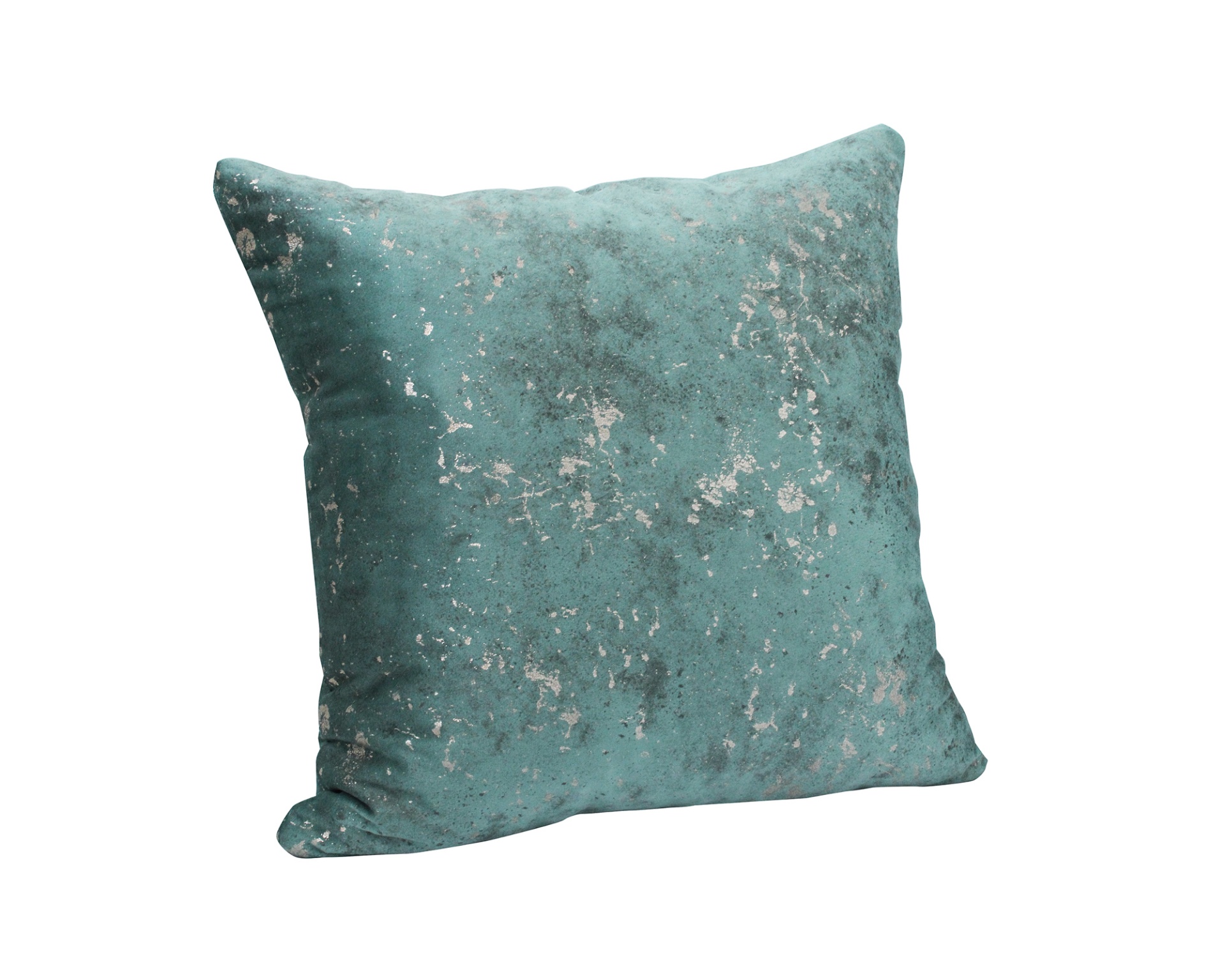 Almofada azul esverdeada com padrões prateados em fundo branco