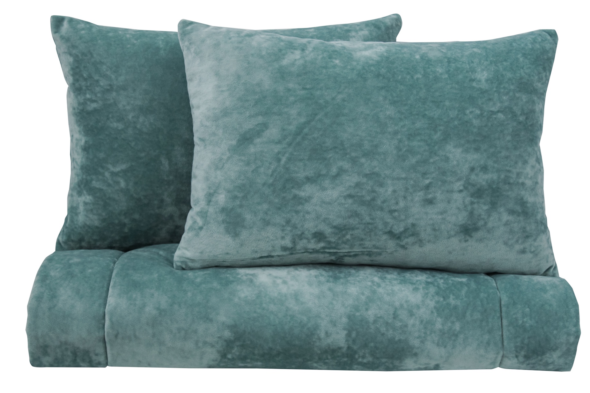 Conjunto de roupa de cama azul esverdeado com duas almofadas e lençol