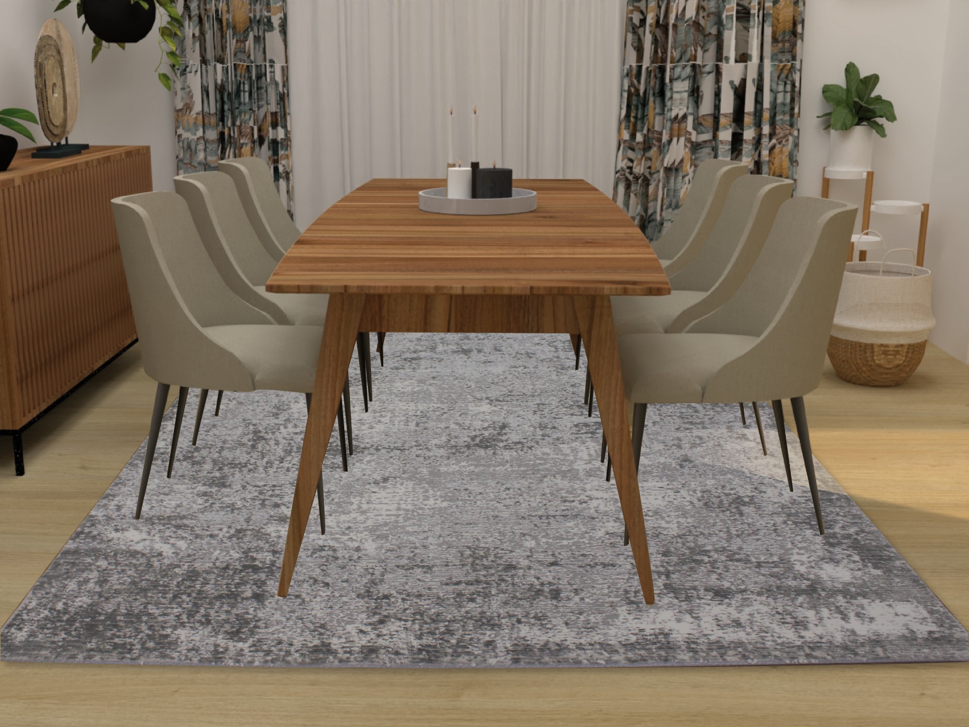 Mesa de jantar em madeira clara com seis cadeiras cinza claro sobre tapete cinza